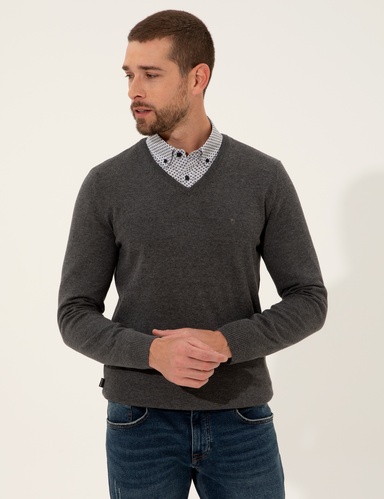 Gri Melanj Slim Fit V Yaka Basic Triko Kazak