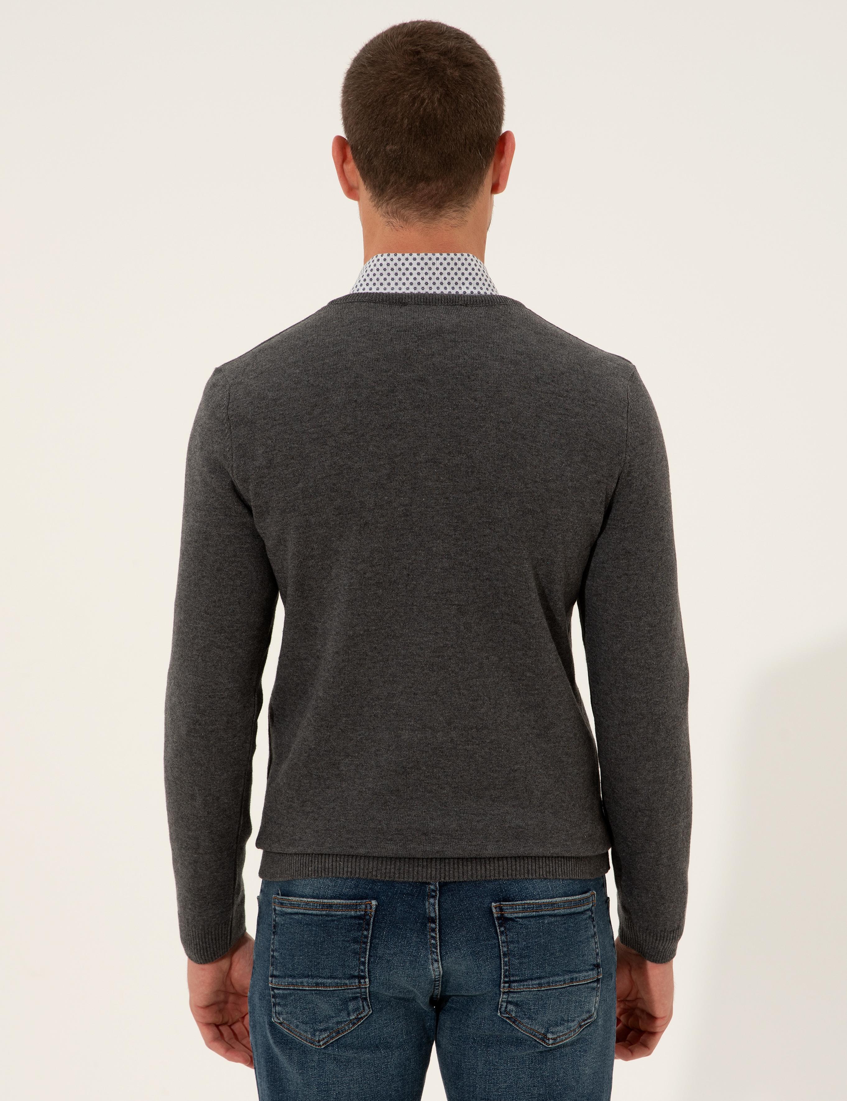 Gri Melanj Slim Fit V Yaka Basic Triko Kazak