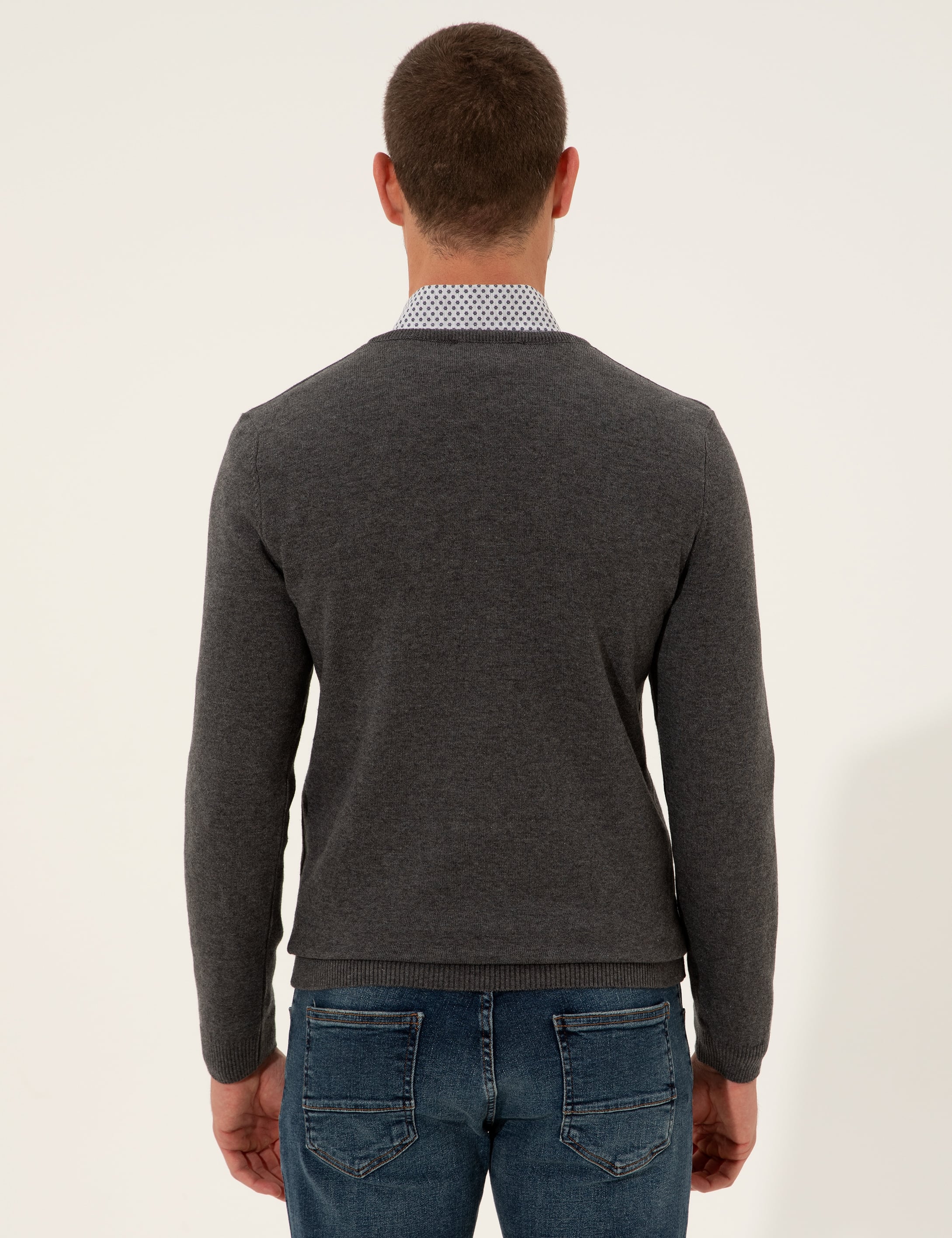 Gri Melanj Slim Fit V Yaka Basic Triko Kazak
