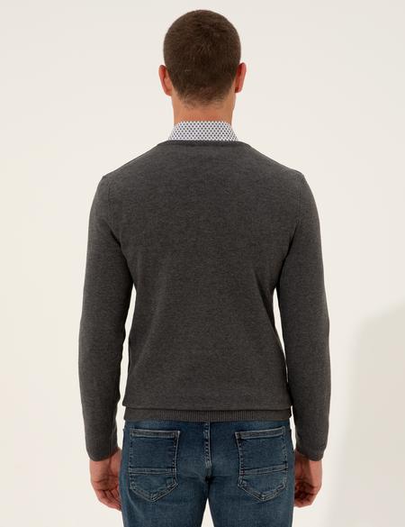 Gri Melanj Slim Fit V Yaka Basic Triko Kazak - 50237808074