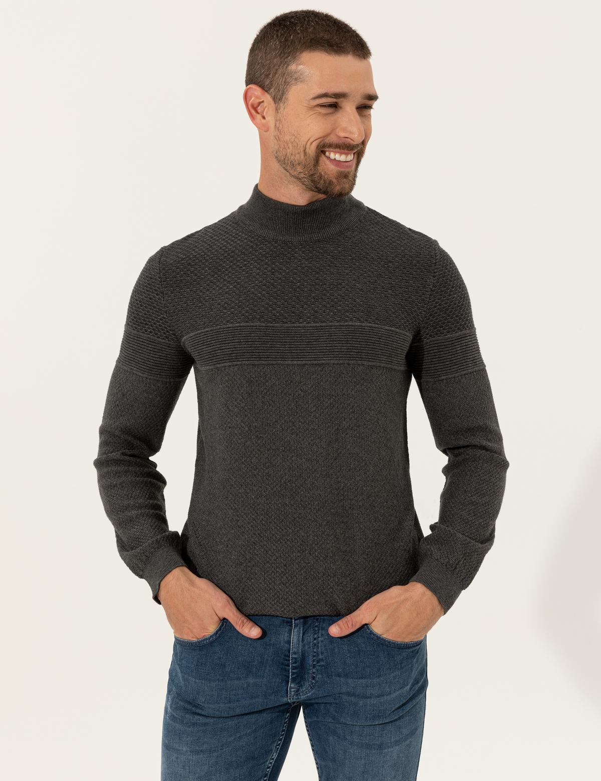 Gri Melanj Slim Fit Yarım Balıkçı Yaka Triko Kazak - 50241465027