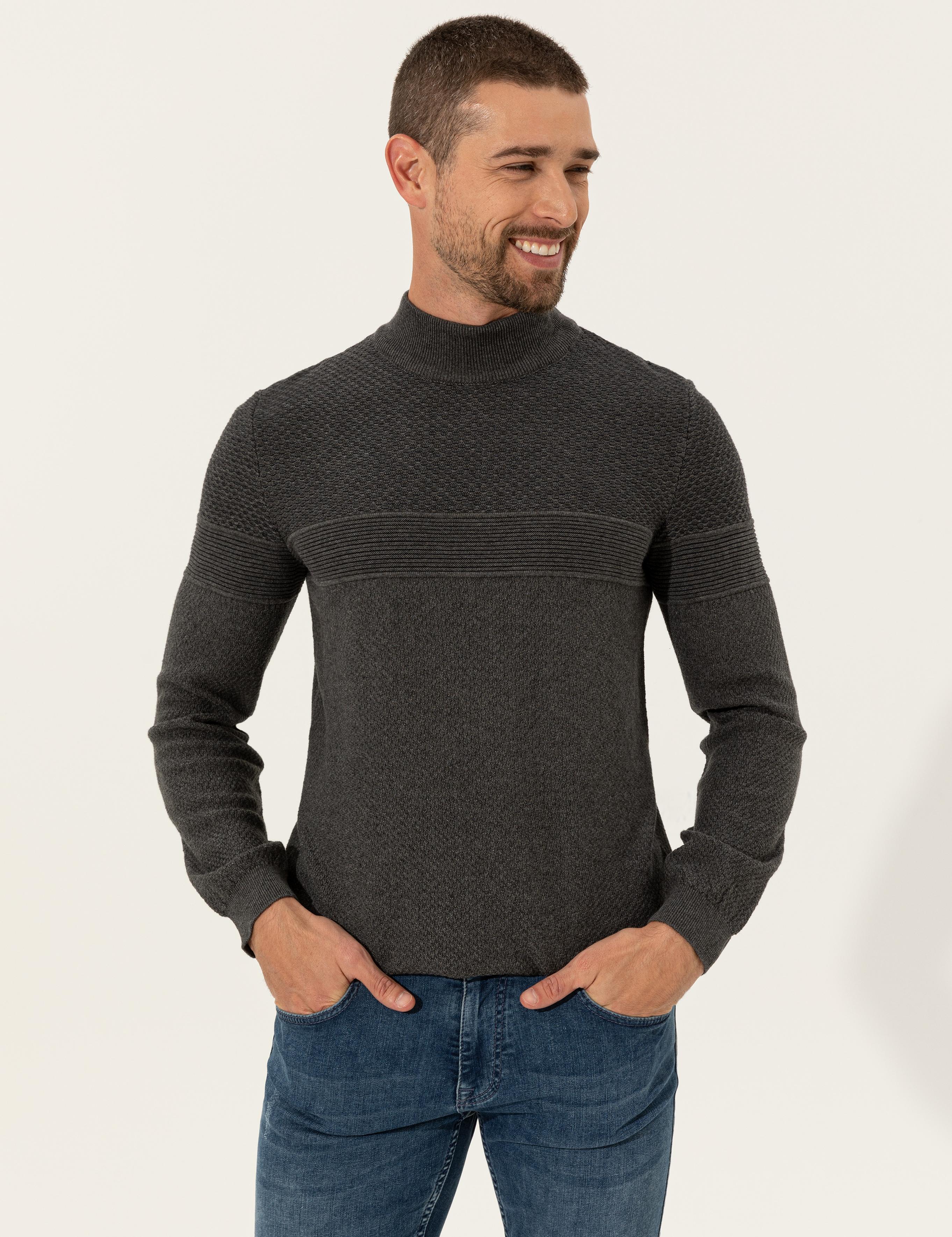 Gri Melanj Slim Fit Yarım Balıkçı Yaka Triko Kazak