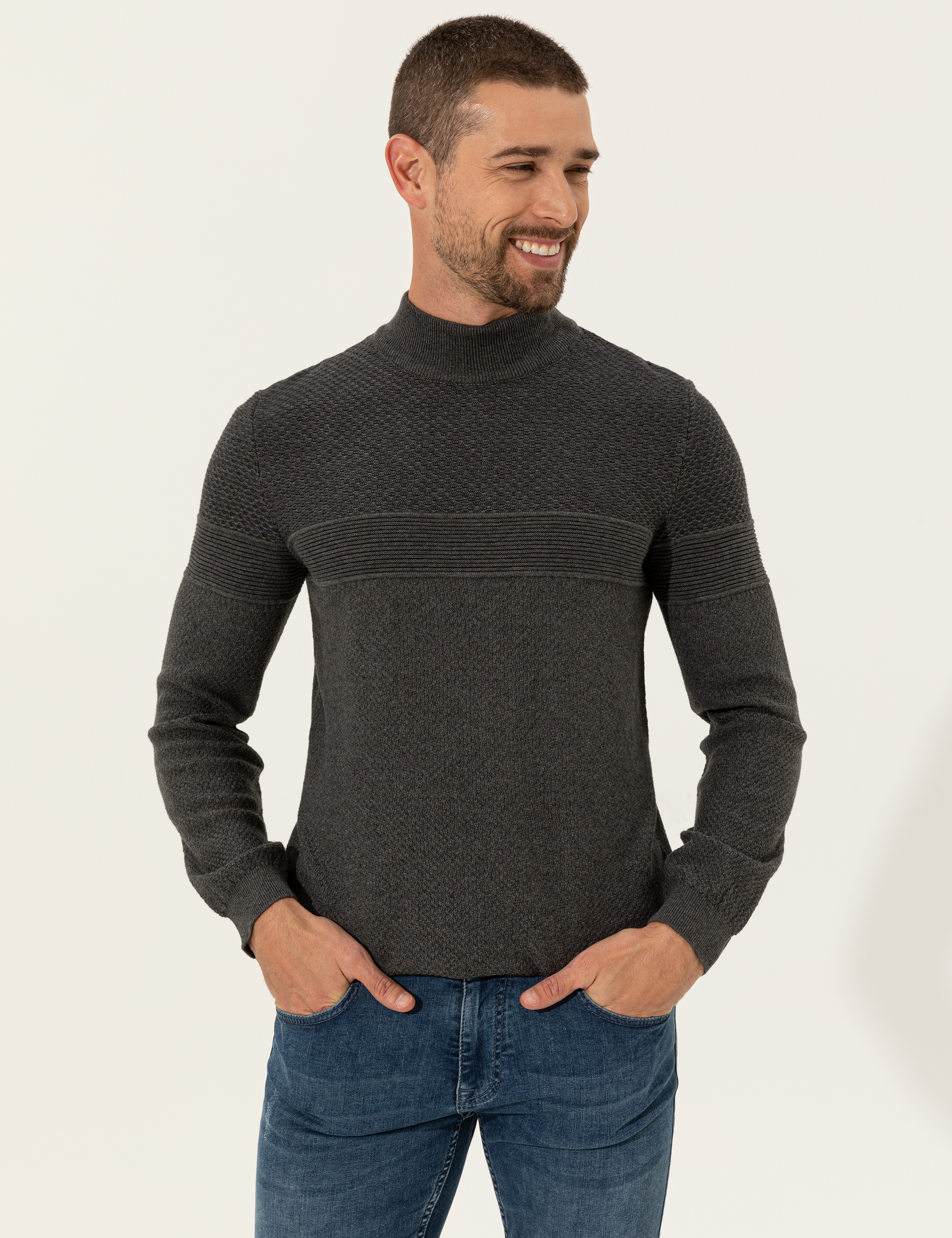 Gri Melanj Slim Fit Yarım Balıkçı Yaka Triko Kazak - Image 3