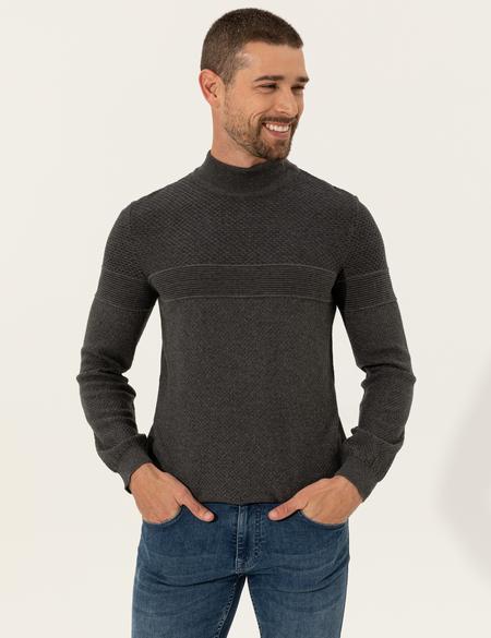 Gri Melanj Slim Fit Yarım Balıkçı Yaka Triko Kazak - 50241465027