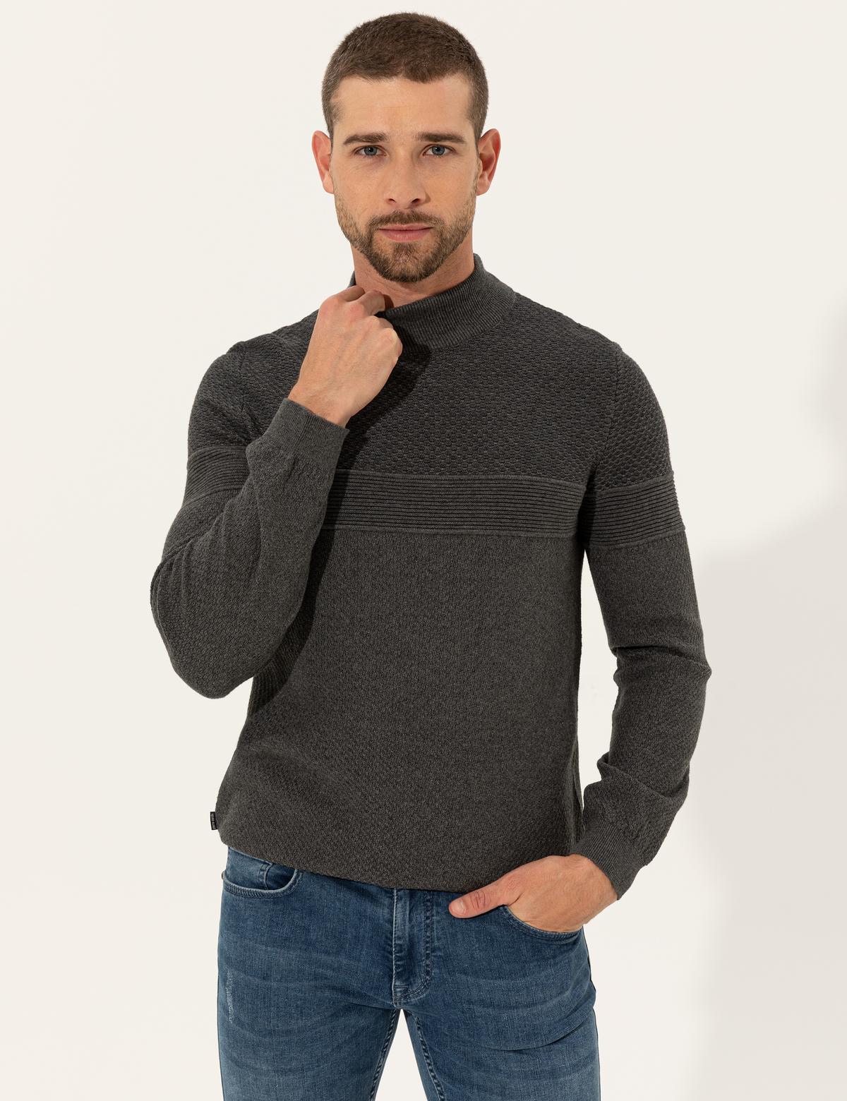 Gri Melanj Slim Fit Yarım Balıkçı Yaka Triko Kazak