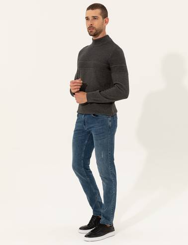 Gri Melanj Slim Fit Yarım Balıkçı Yaka Triko Kazak