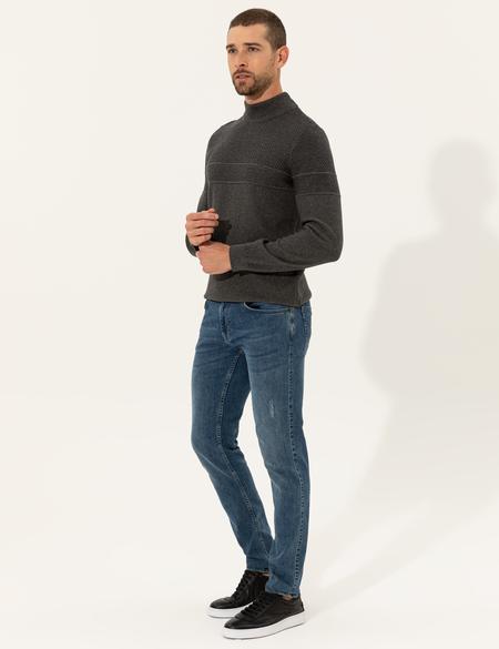 Gri Melanj Slim Fit Yarım Balıkçı Yaka Triko Kazak - 50241465027