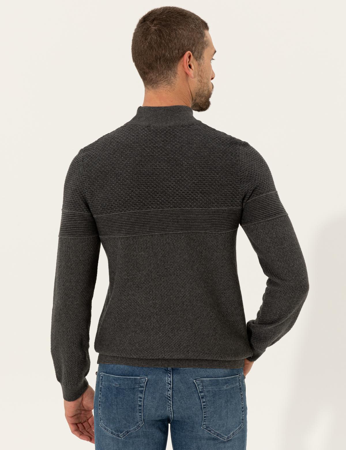 Gri Melanj Slim Fit Yarım Balıkçı Yaka Triko Kazak - 50241465027