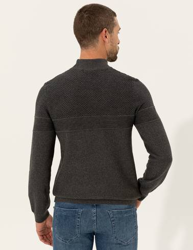Gri Melanj Slim Fit Yarım Balıkçı Yaka Triko Kazak