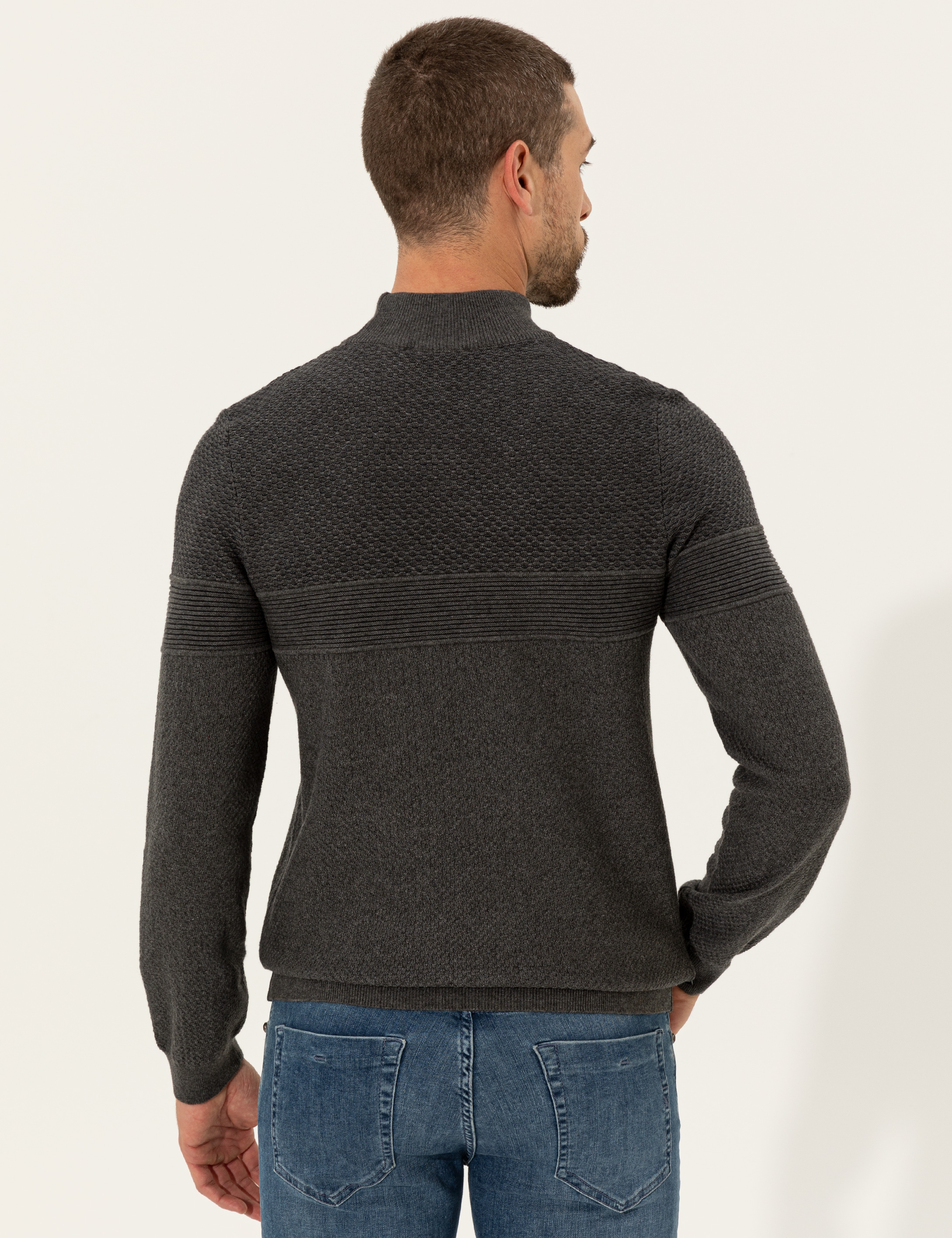 Gri Melanj Slim Fit Yarım Balıkçı Yaka Triko Kazak - Image 5