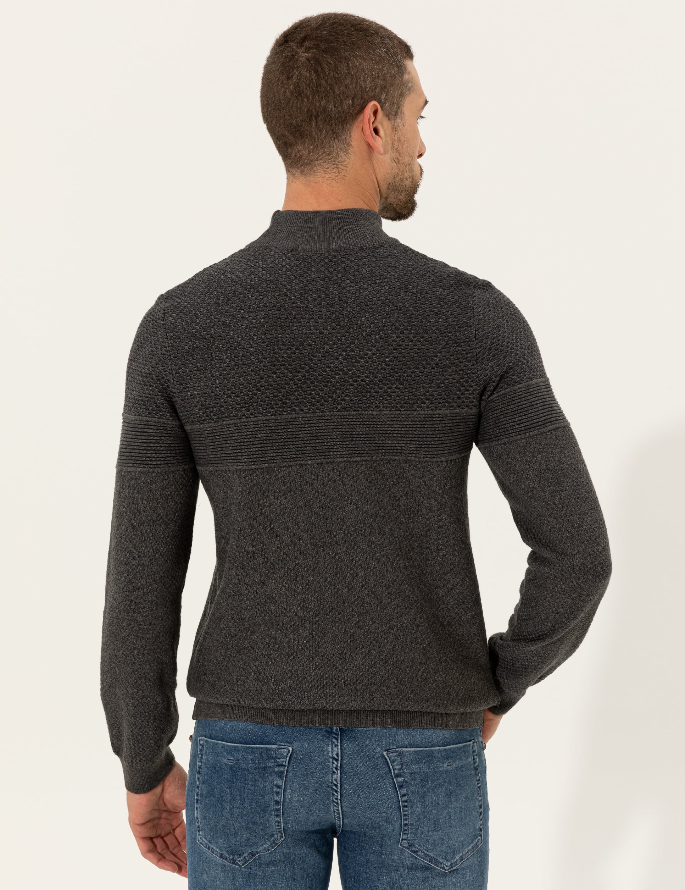 Gri Melanj Slim Fit Yarım Balıkçı Yaka Triko Kazak