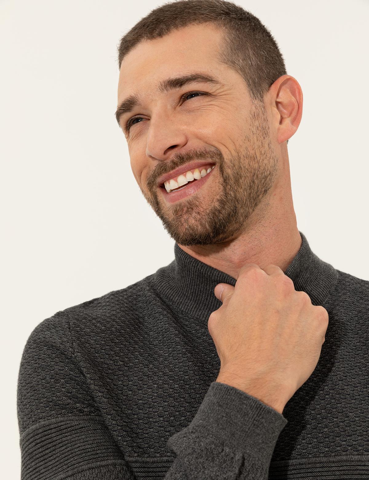 Gri Melanj Slim Fit Yarım Balıkçı Yaka Triko Kazak - 50241465027