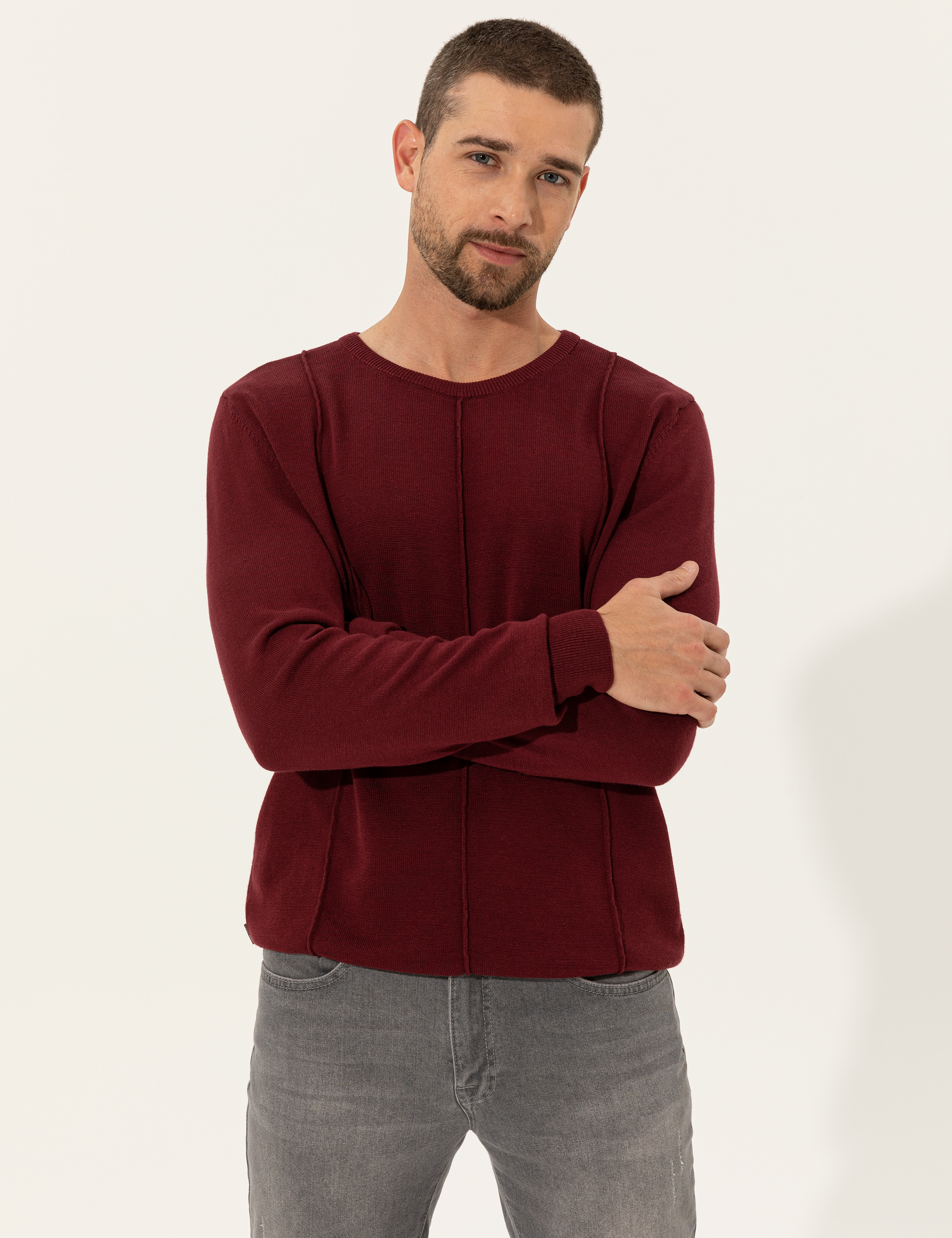 Bordo Slim Fit Bisiklet Yaka Triko Kazak - Image 3