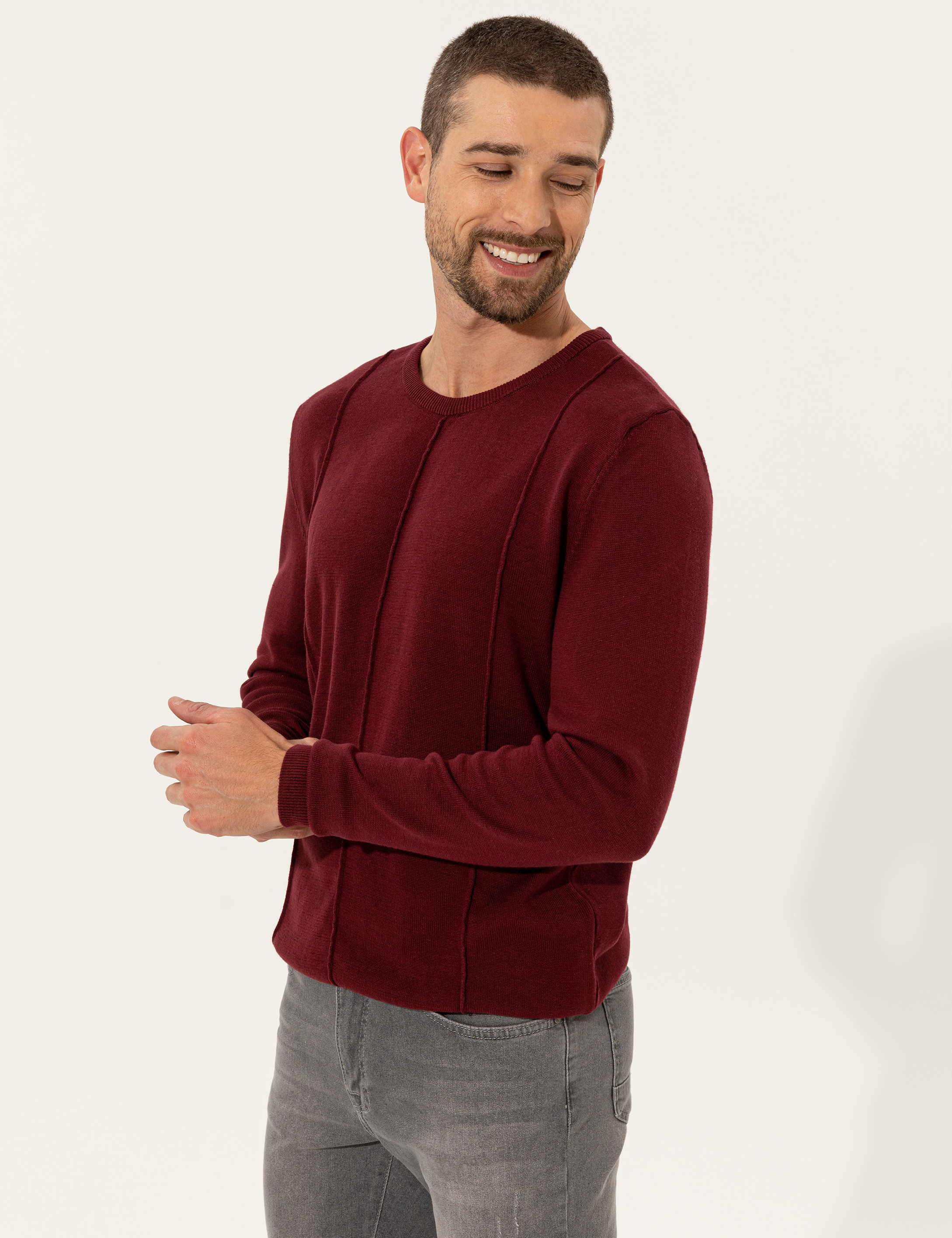 Bordo Slim Fit Bisiklet Yaka Triko Kazak - Image 2
