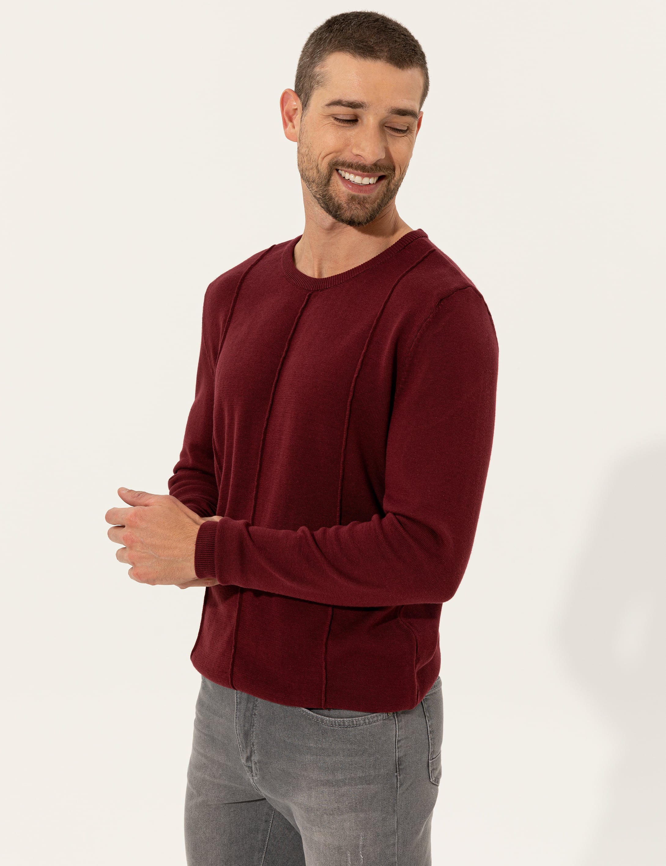 Bordo Slim Fit Bisiklet Yaka Triko Kazak