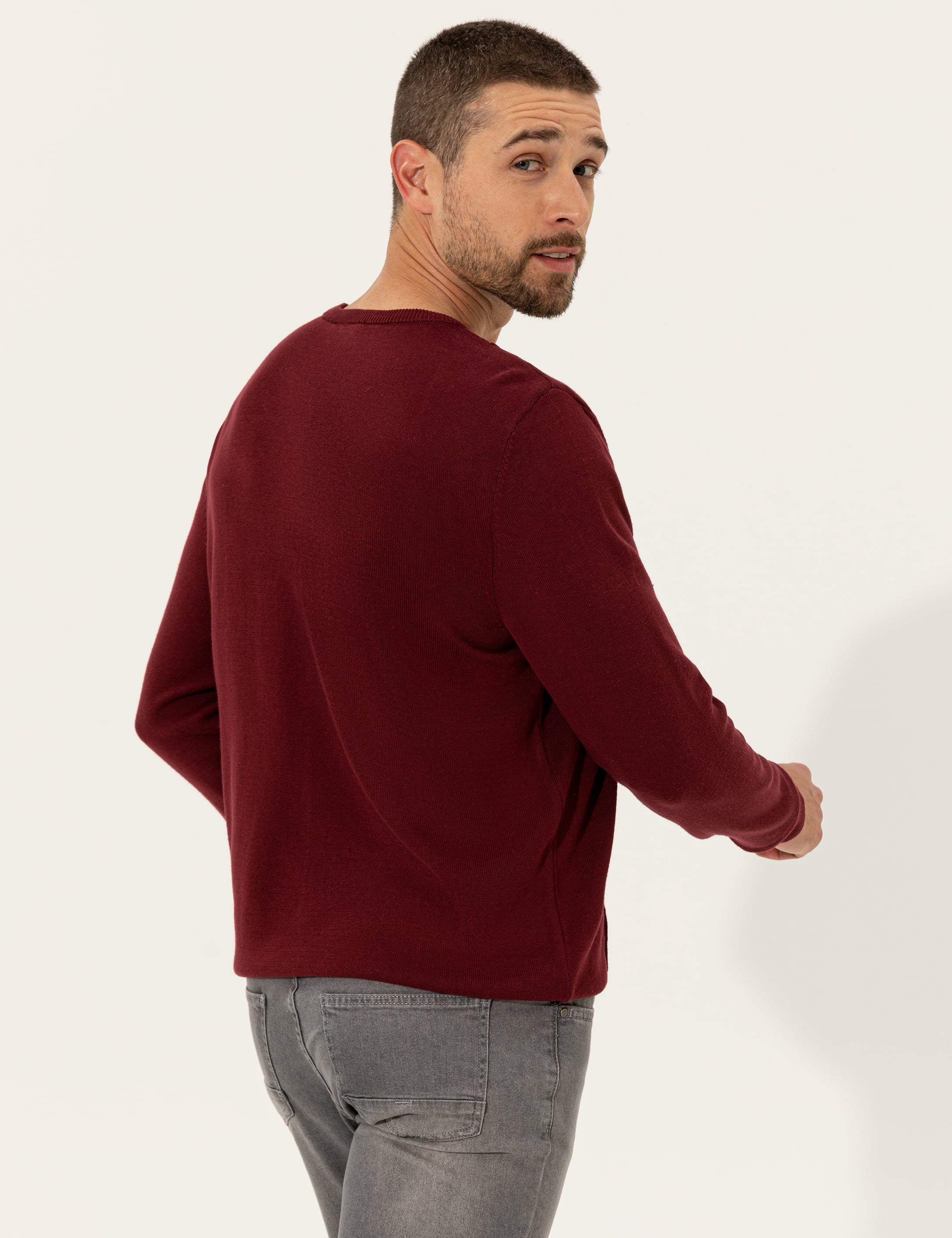 Bordo Slim Fit Bisiklet Yaka Triko Kazak
