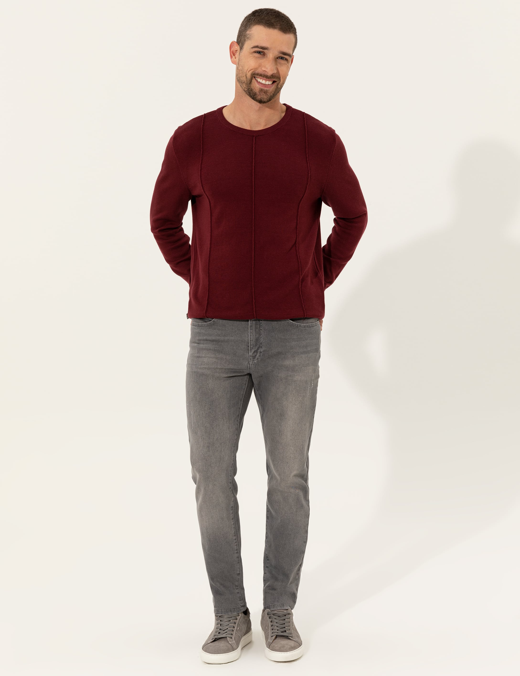 Bordo Slim Fit Bisiklet Yaka Triko Kazak