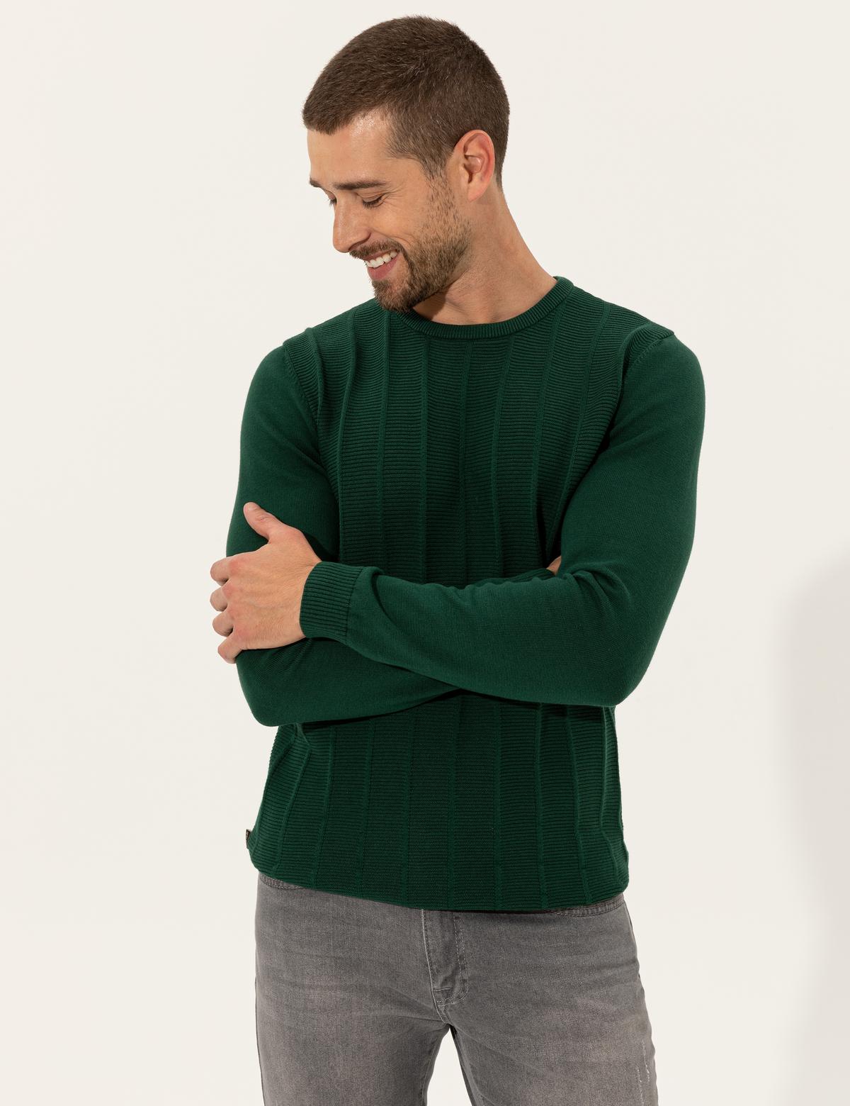 Yeşil Slim Fit Bisiklet Yaka Triko Kazak