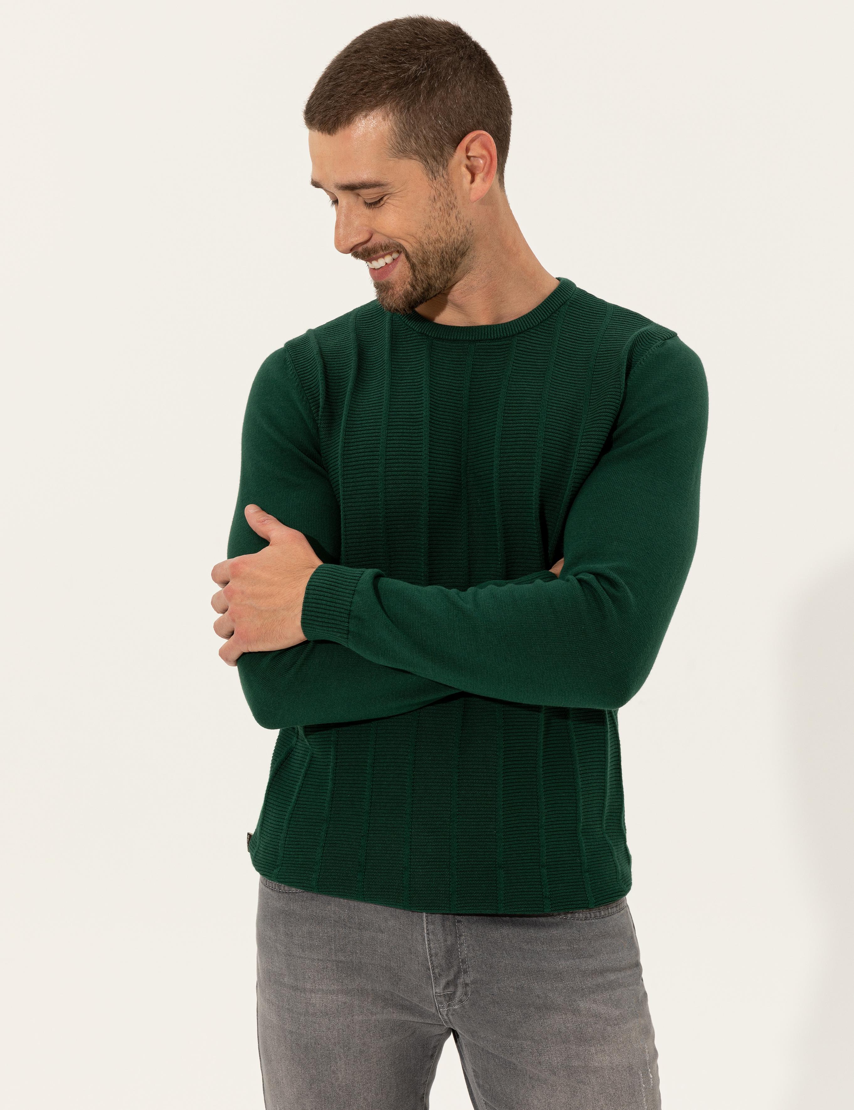 Yeşil Slim Fit Bisiklet Yaka Triko Kazak