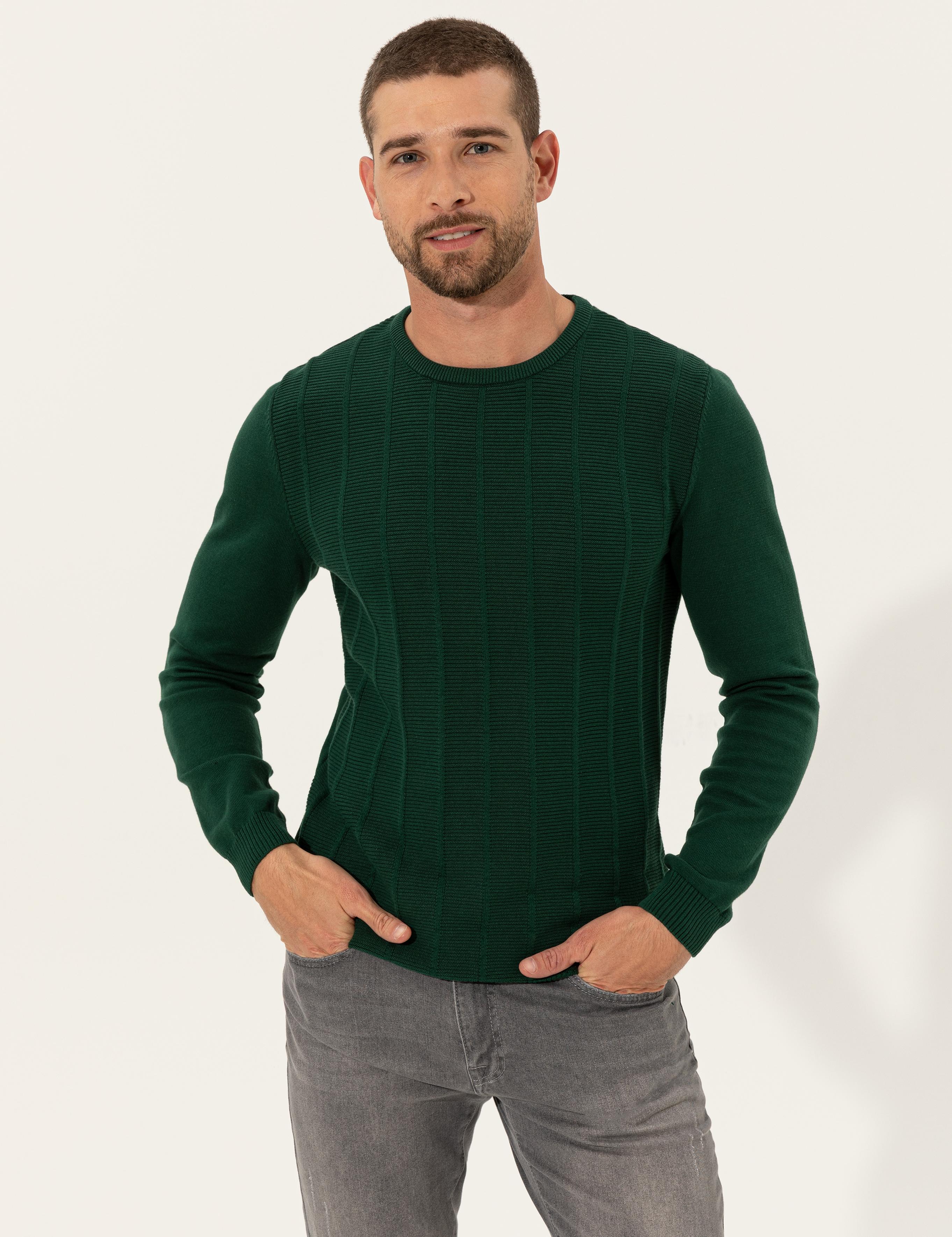 Yeşil Slim Fit Bisiklet Yaka Triko Kazak