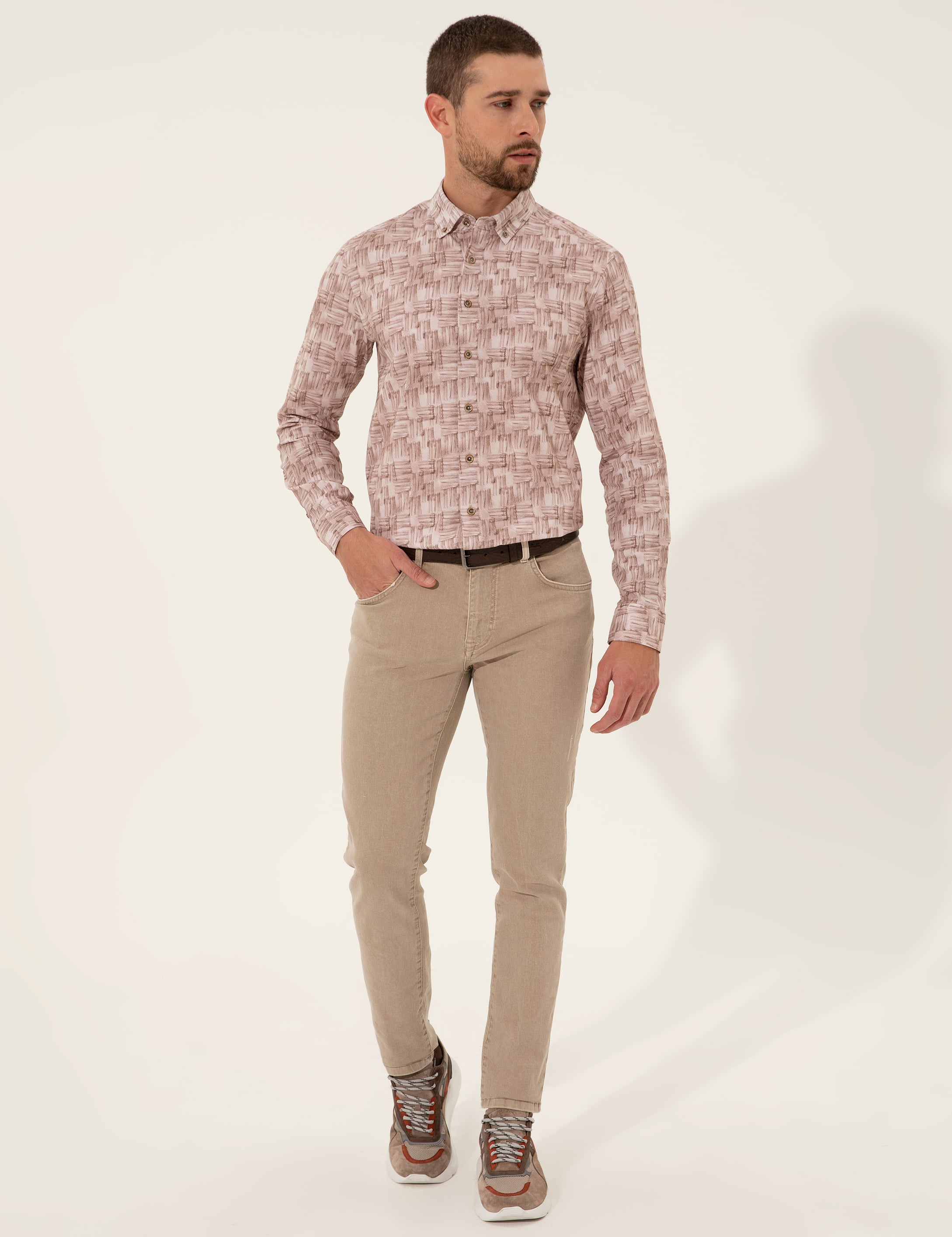 Bej Slim Fit Uzun Kollu Gömlek