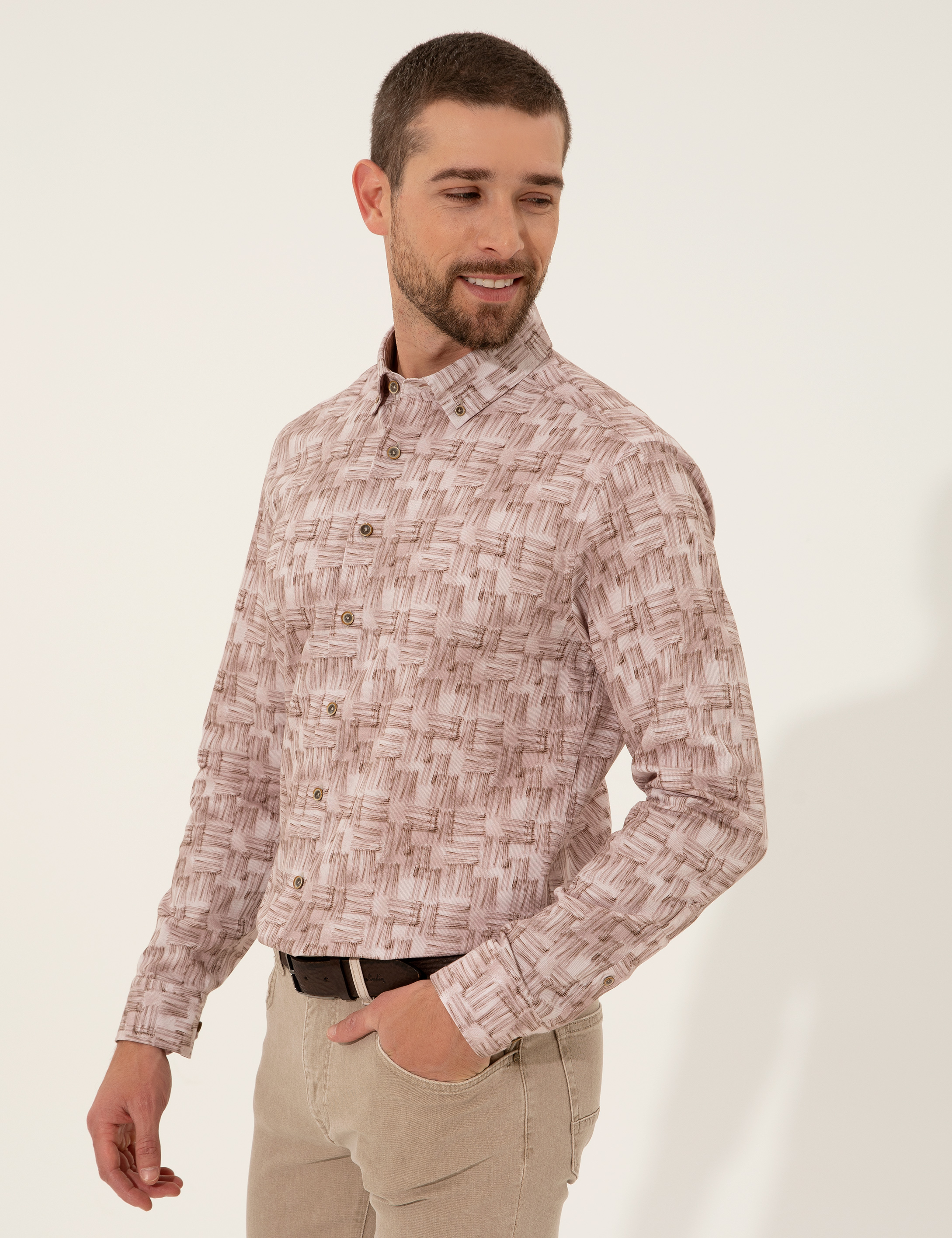 Bej Slim Fit Uzun Kollu Gömlek
