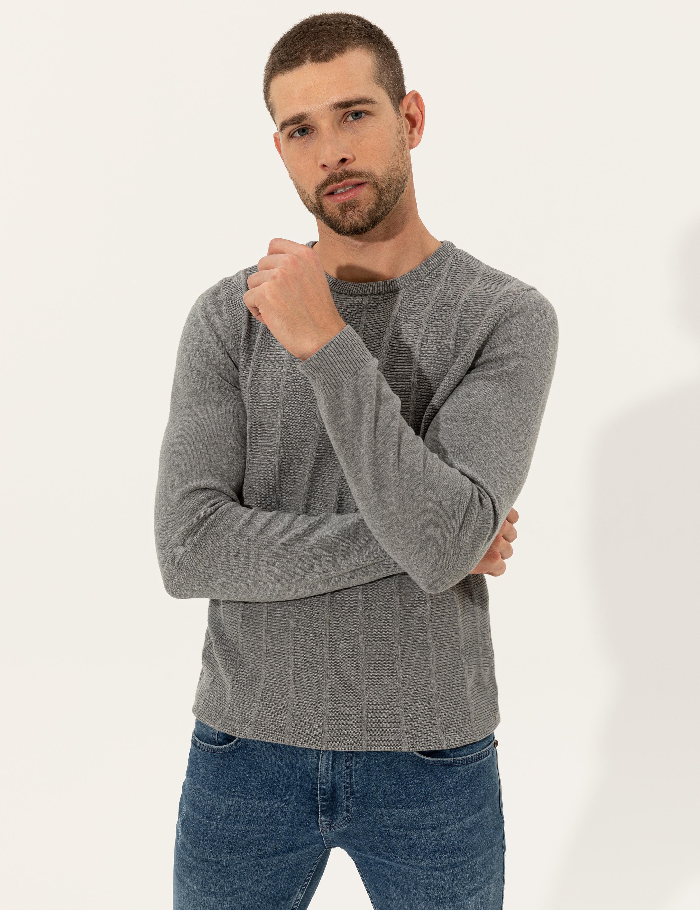 Açık Gri Melanj Slim Fit Bisiklet Yaka Triko Kazak