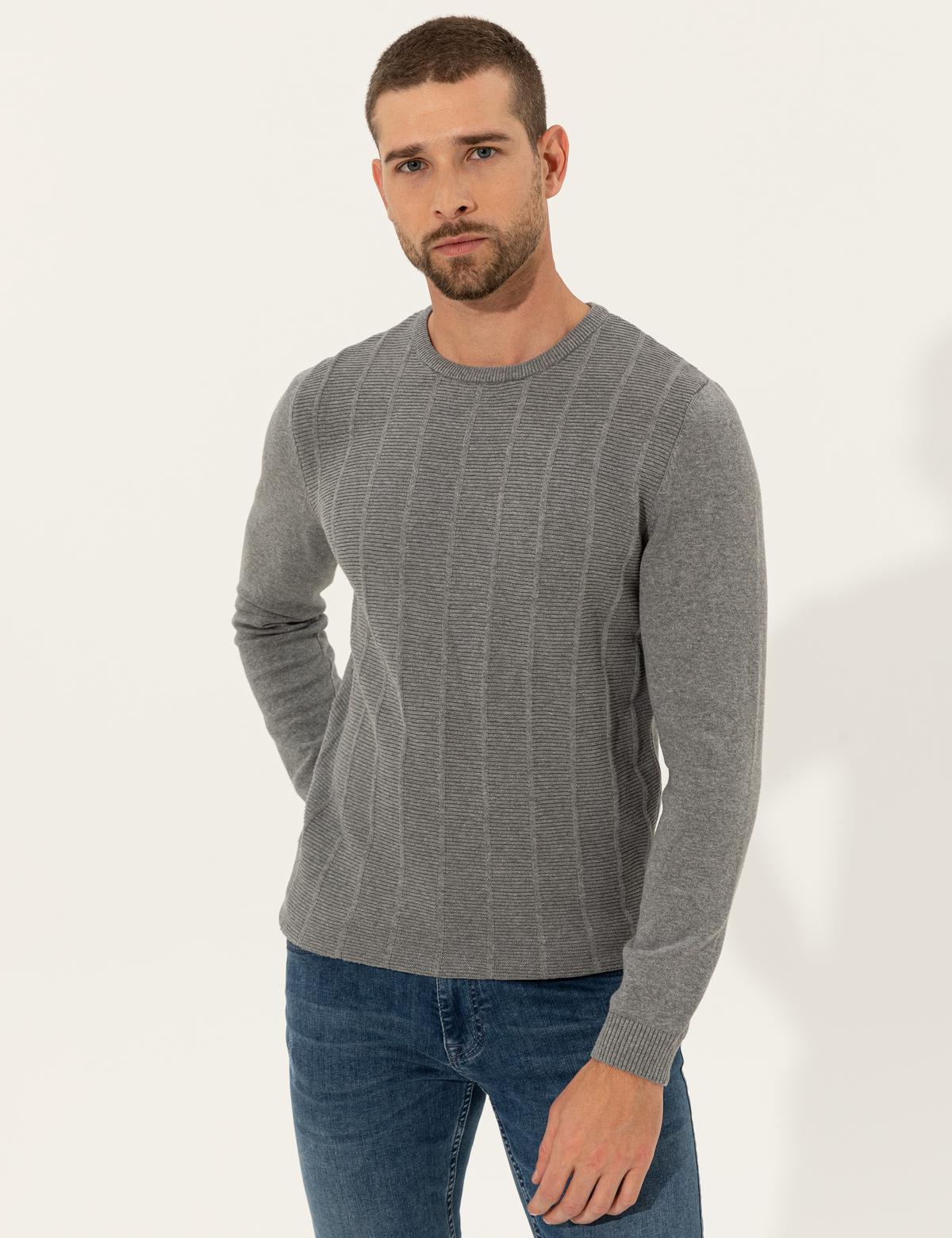 Açık Gri Melanj Slim Fit Bisiklet Yaka Triko Kazak - 50257067017