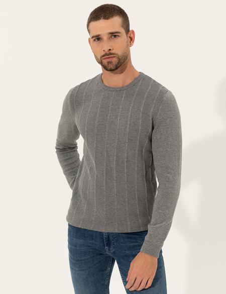 Açık Gri Melanj Slim Fit Bisiklet Yaka Triko Kazak - 50257067017