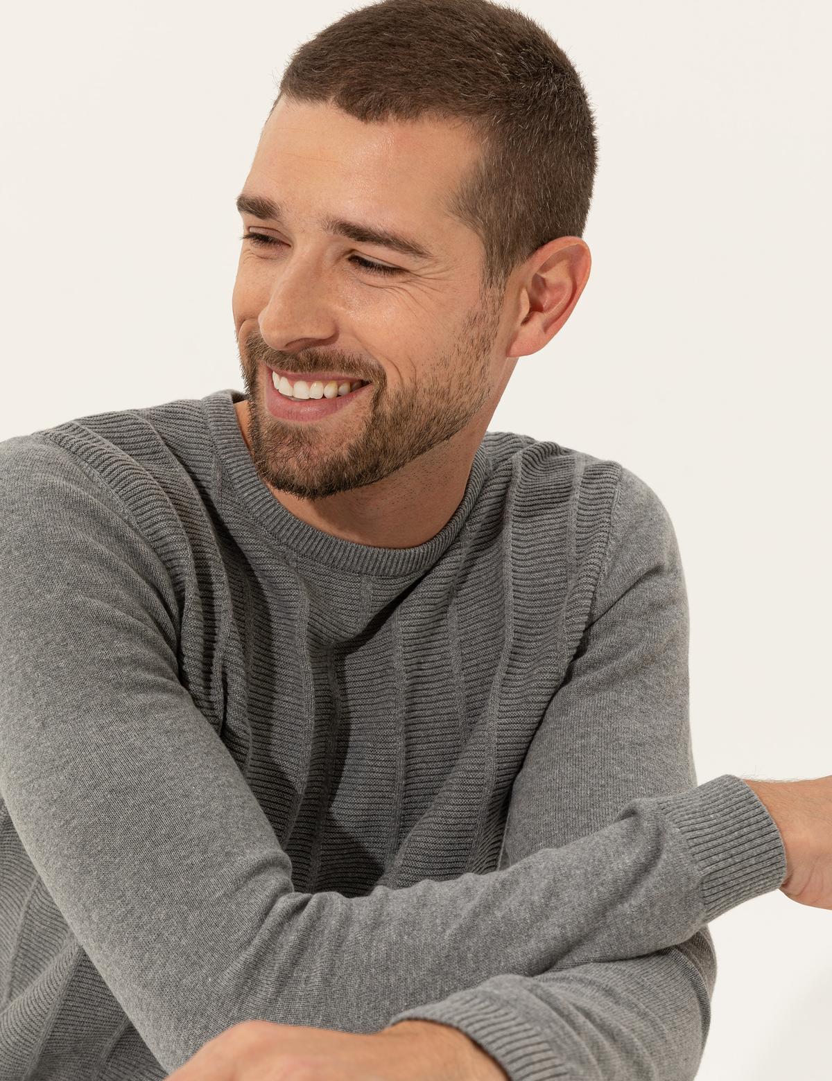 Açık Gri Melanj Slim Fit Bisiklet Yaka Triko Kazak