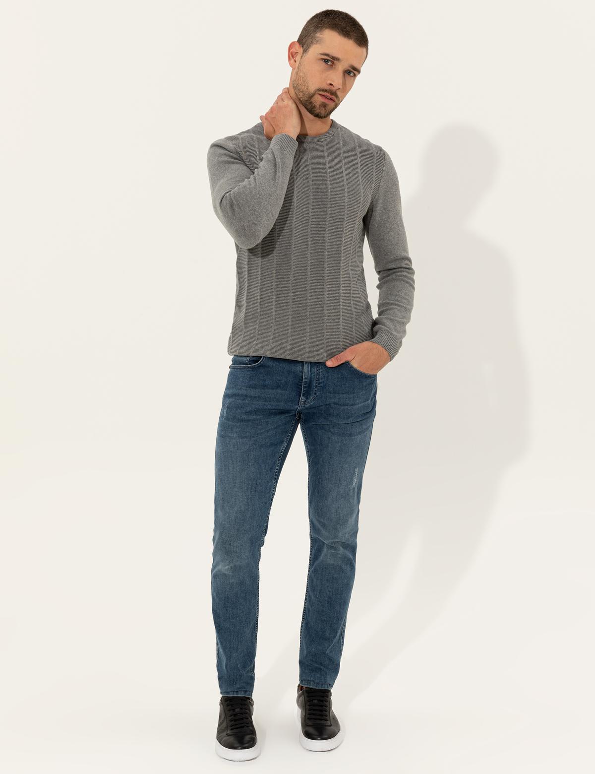 Açık Gri Melanj Slim Fit Bisiklet Yaka Triko Kazak - 50257067017