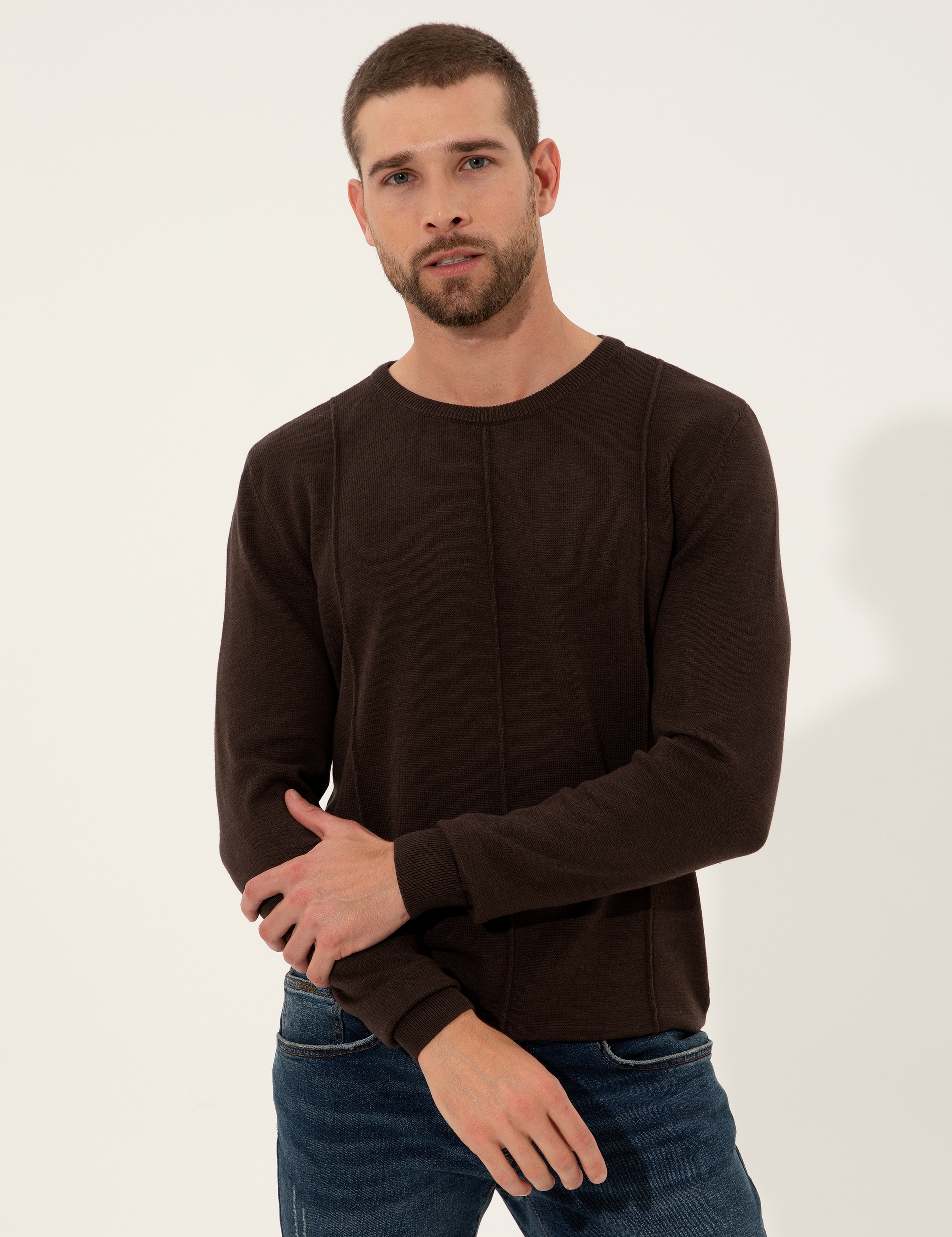 Kahverengi Slim Fit Bisiklet Yaka Triko Kazak - Image 3