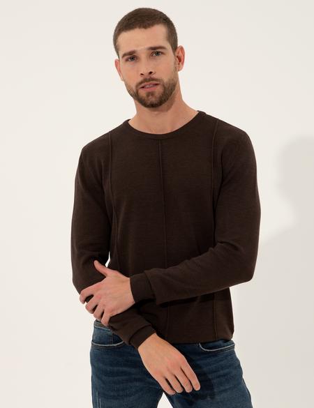 Kahverengi Slim Fit Bisiklet Yaka Triko Kazak - 50257066017