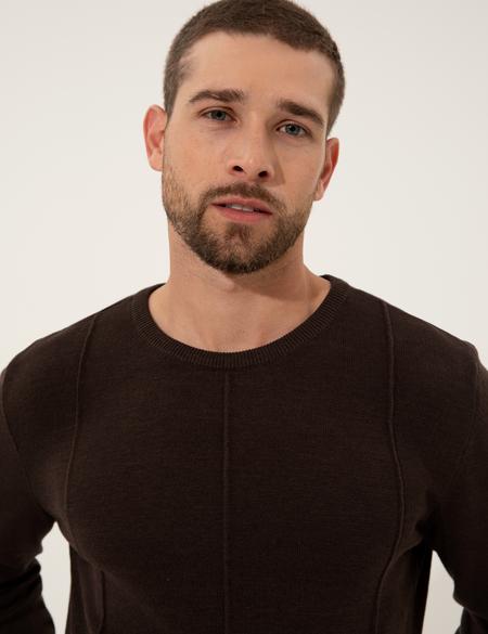 Kahverengi Slim Fit Bisiklet Yaka Triko Kazak - 50257066017