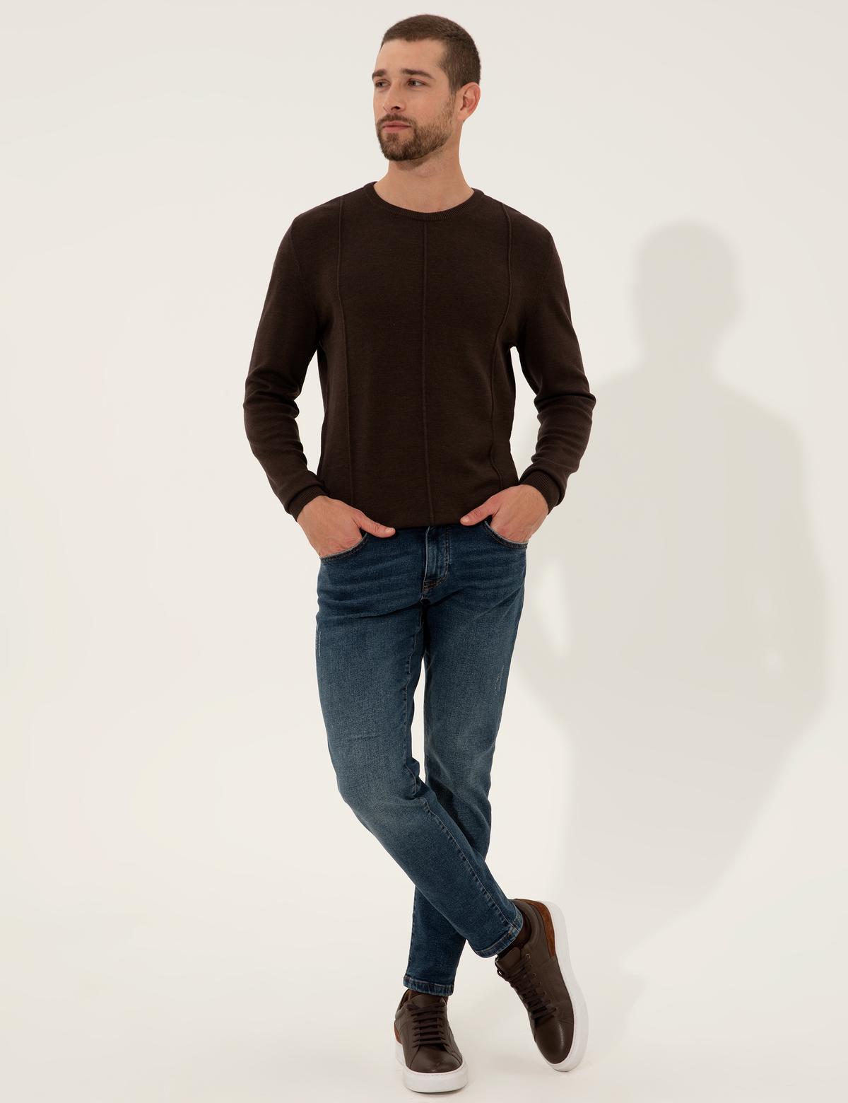 Kahverengi Slim Fit Bisiklet Yaka Triko Kazak - 50257066017