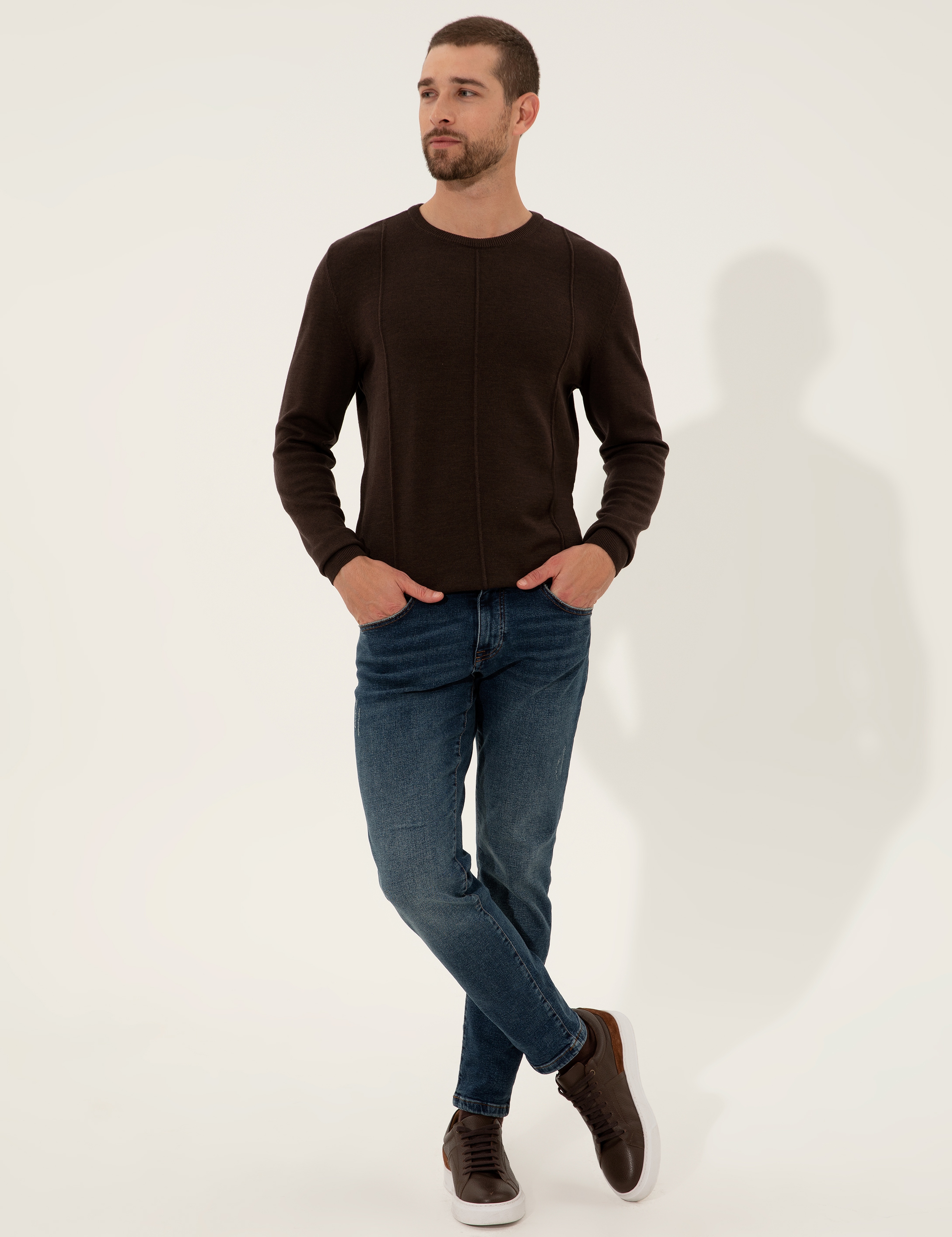 Kahverengi Slim Fit Bisiklet Yaka Triko Kazak - Image 4
