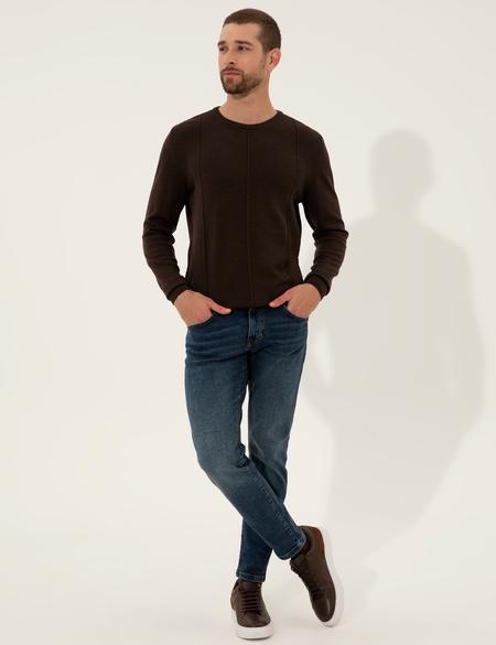 Kahverengi Slim Fit Bisiklet Yaka Triko Kazak - 50257066017