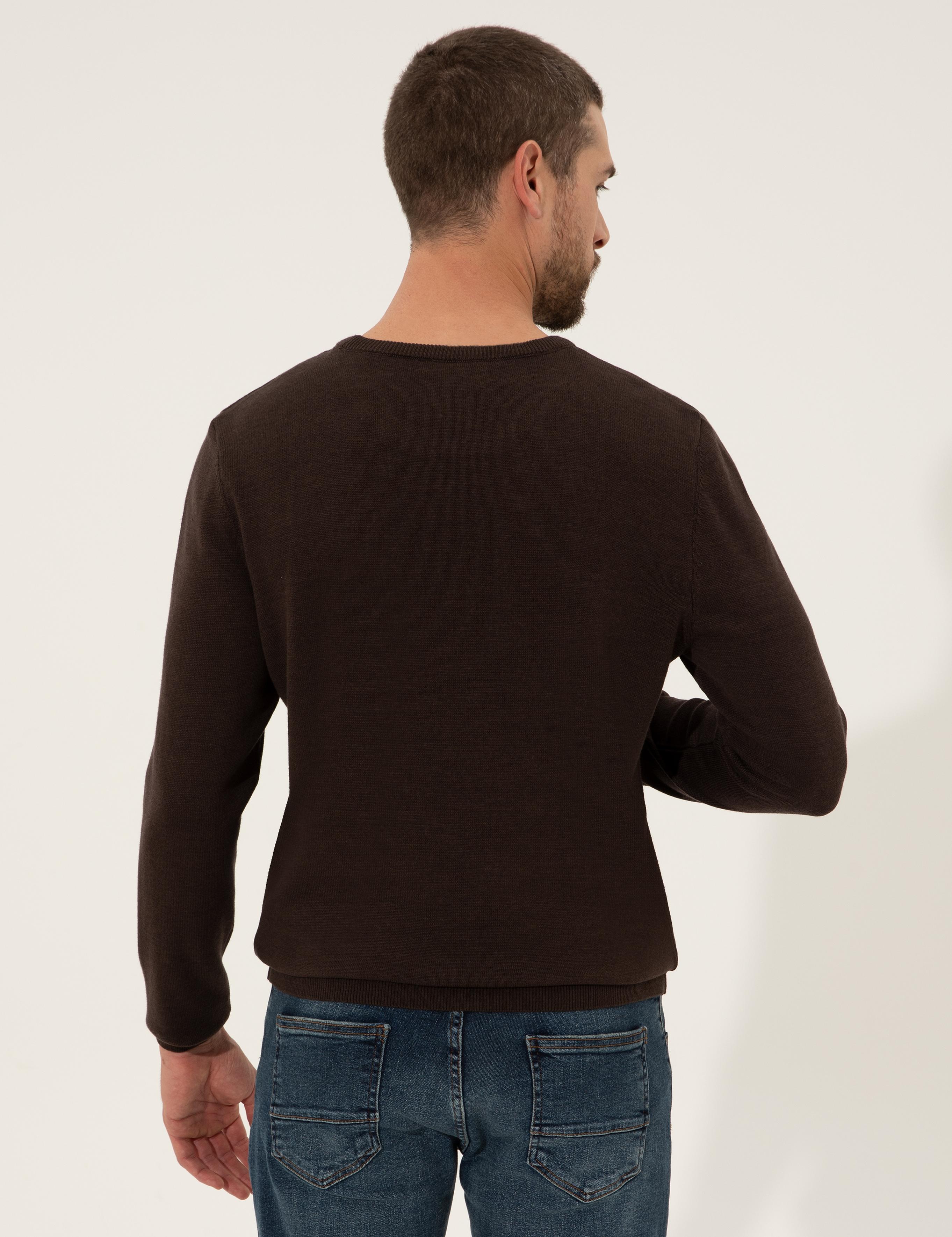 Kahverengi Slim Fit Bisiklet Yaka Triko Kazak