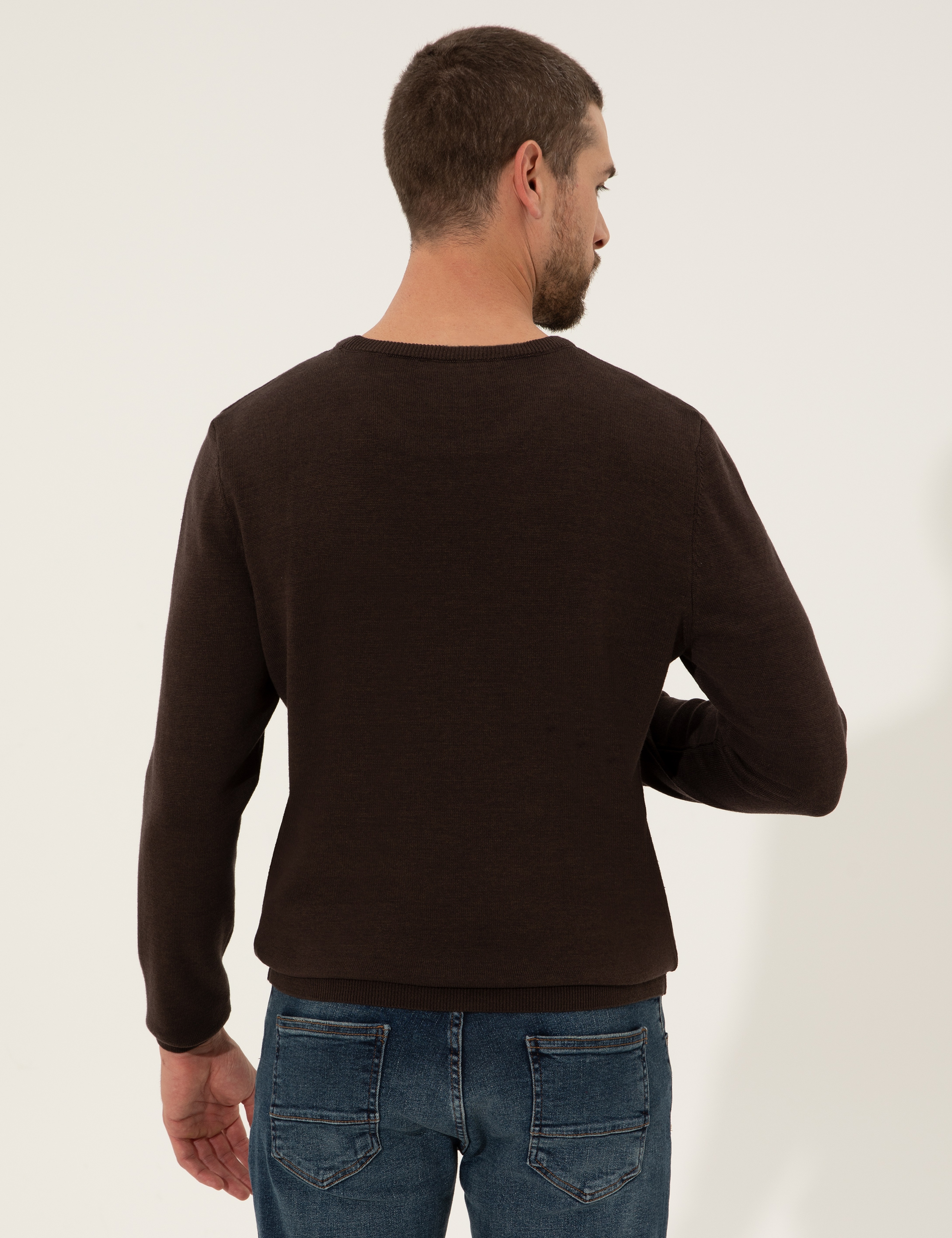 Kahverengi Slim Fit Bisiklet Yaka Triko Kazak - Image 5