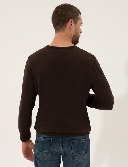 Kahverengi Slim Fit Bisiklet Yaka Triko Kazak - 50257066017