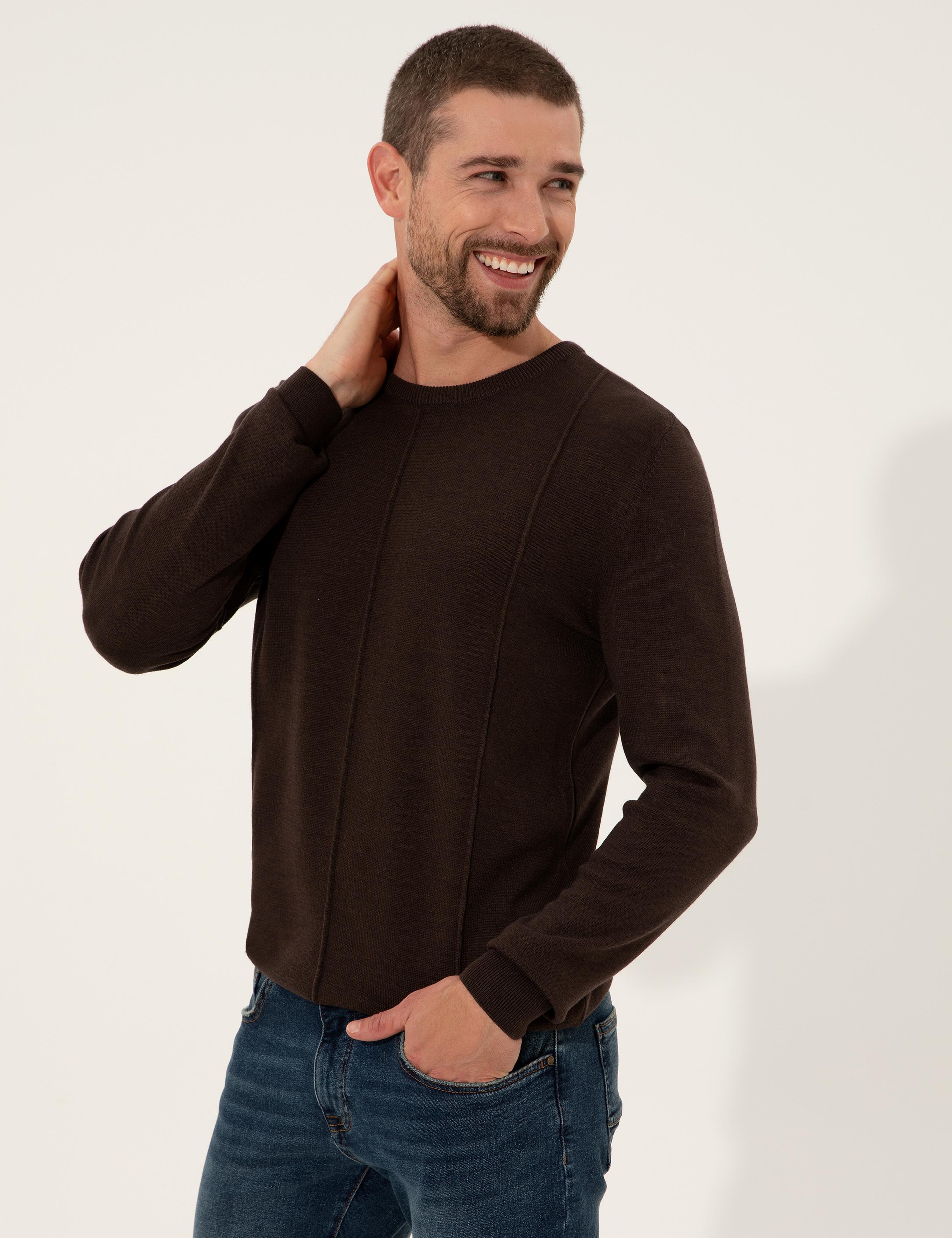 Kahverengi Slim Fit Bisiklet Yaka Triko Kazak