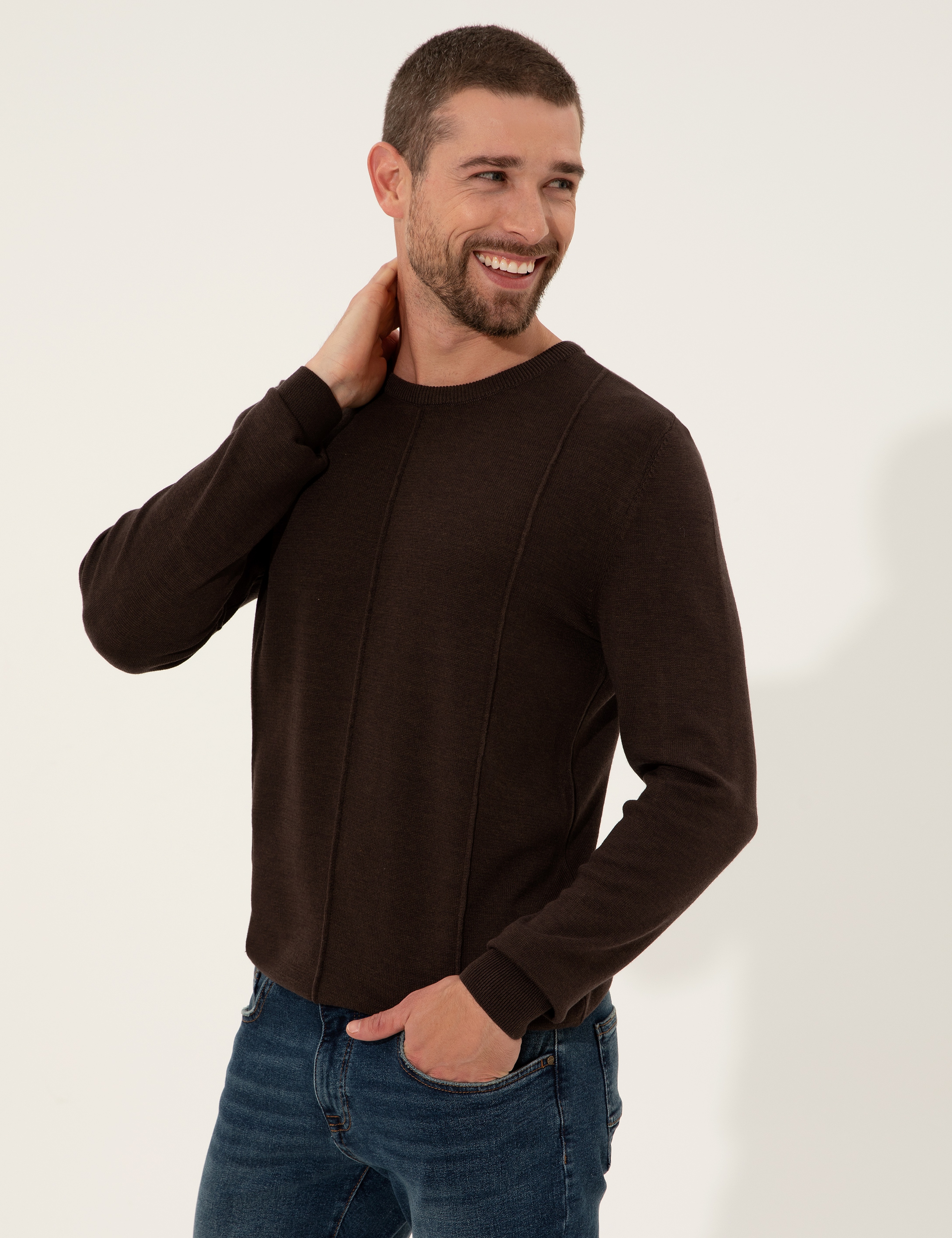 Kahverengi Slim Fit Bisiklet Yaka Triko Kazak - Image 1