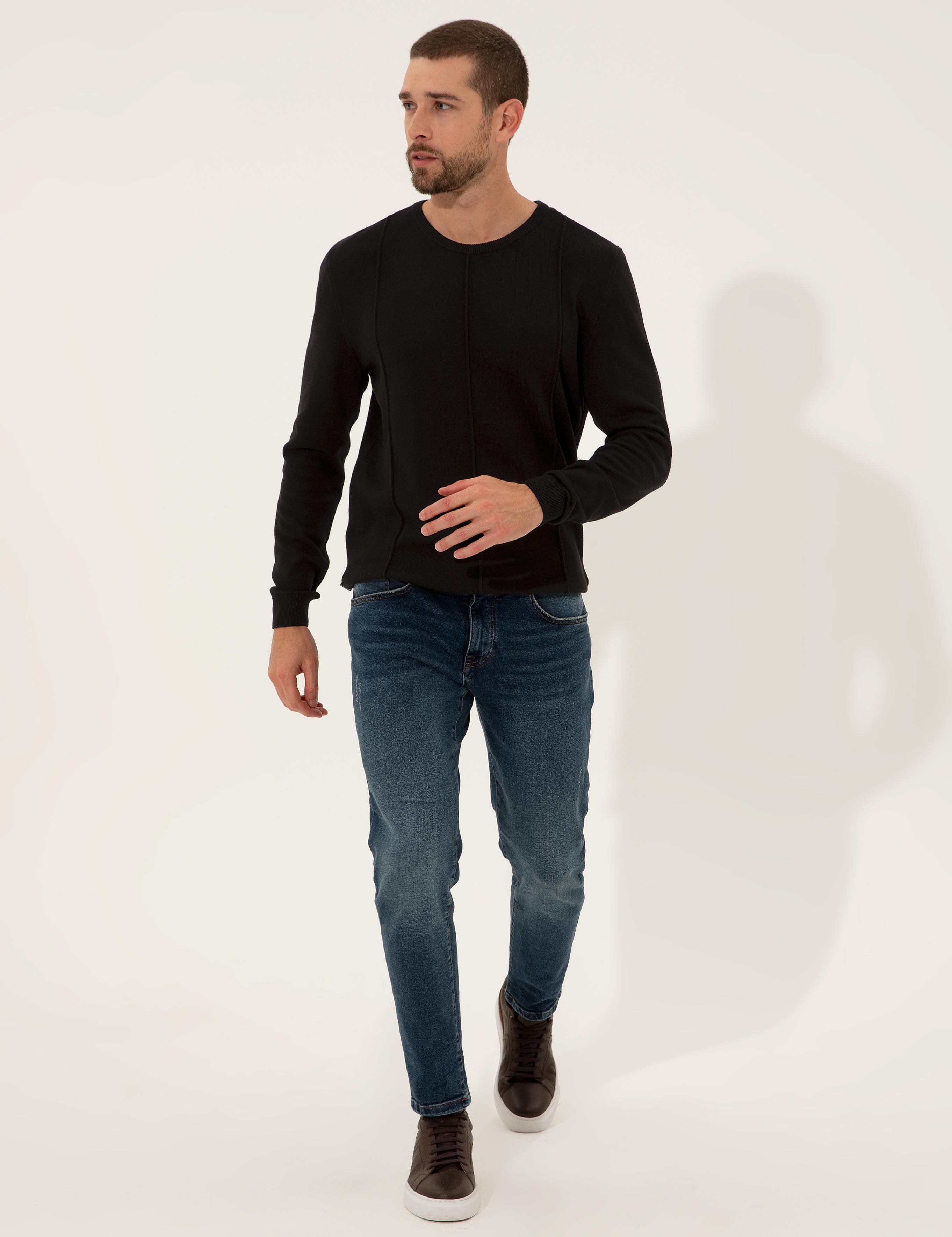 Siyah Slim Fit Bisiklet Yaka Triko Kazak