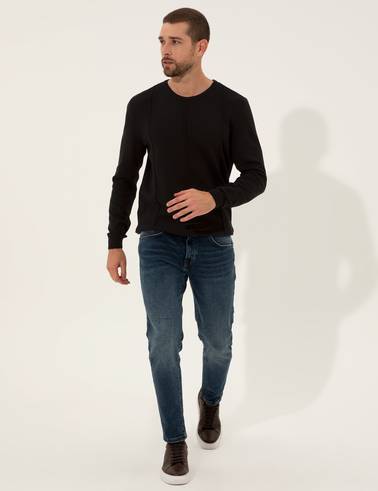 Siyah Slim Fit Bisiklet Yaka Triko Kazak