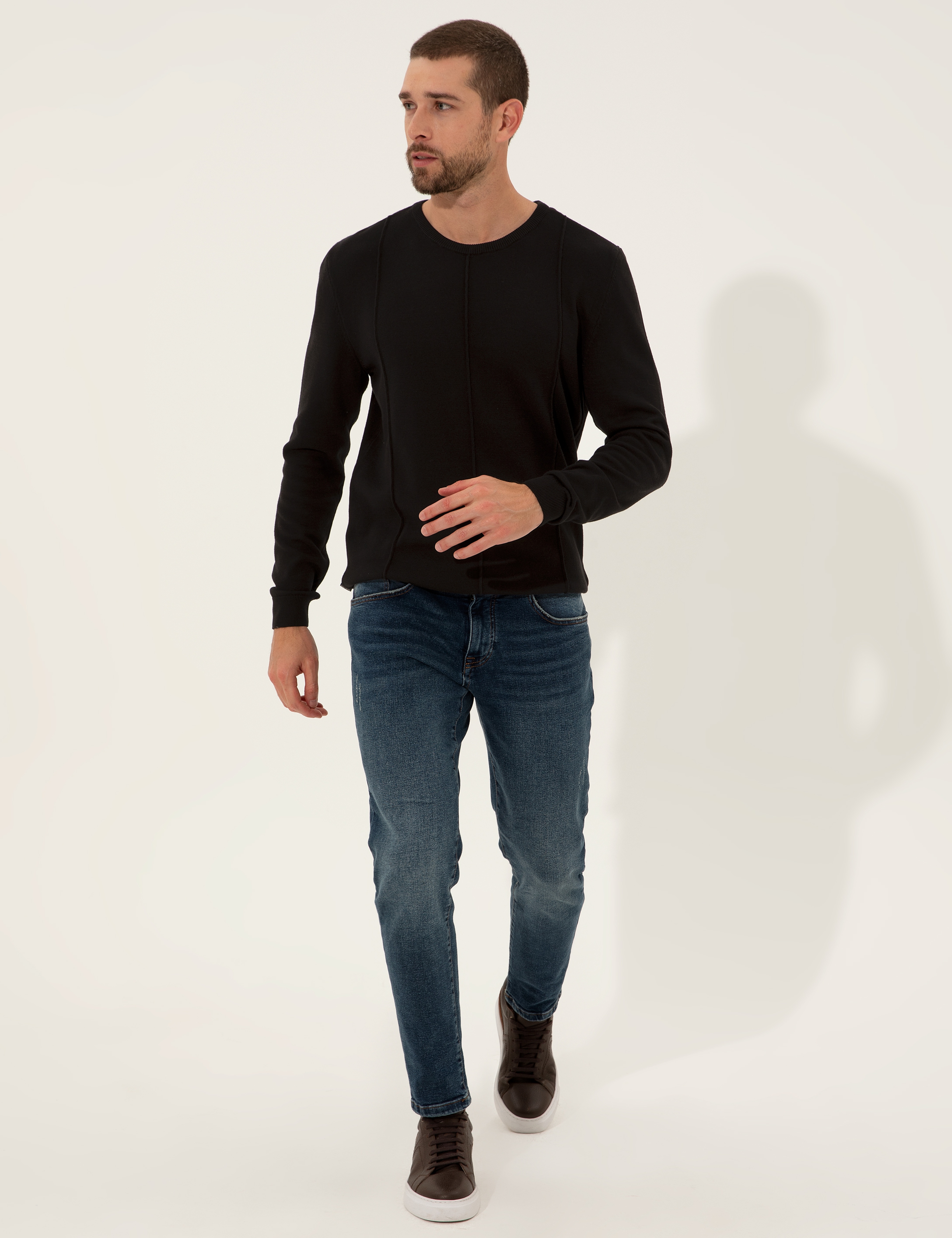 Siyah Slim Fit Bisiklet Yaka Triko Kazak - Image 4