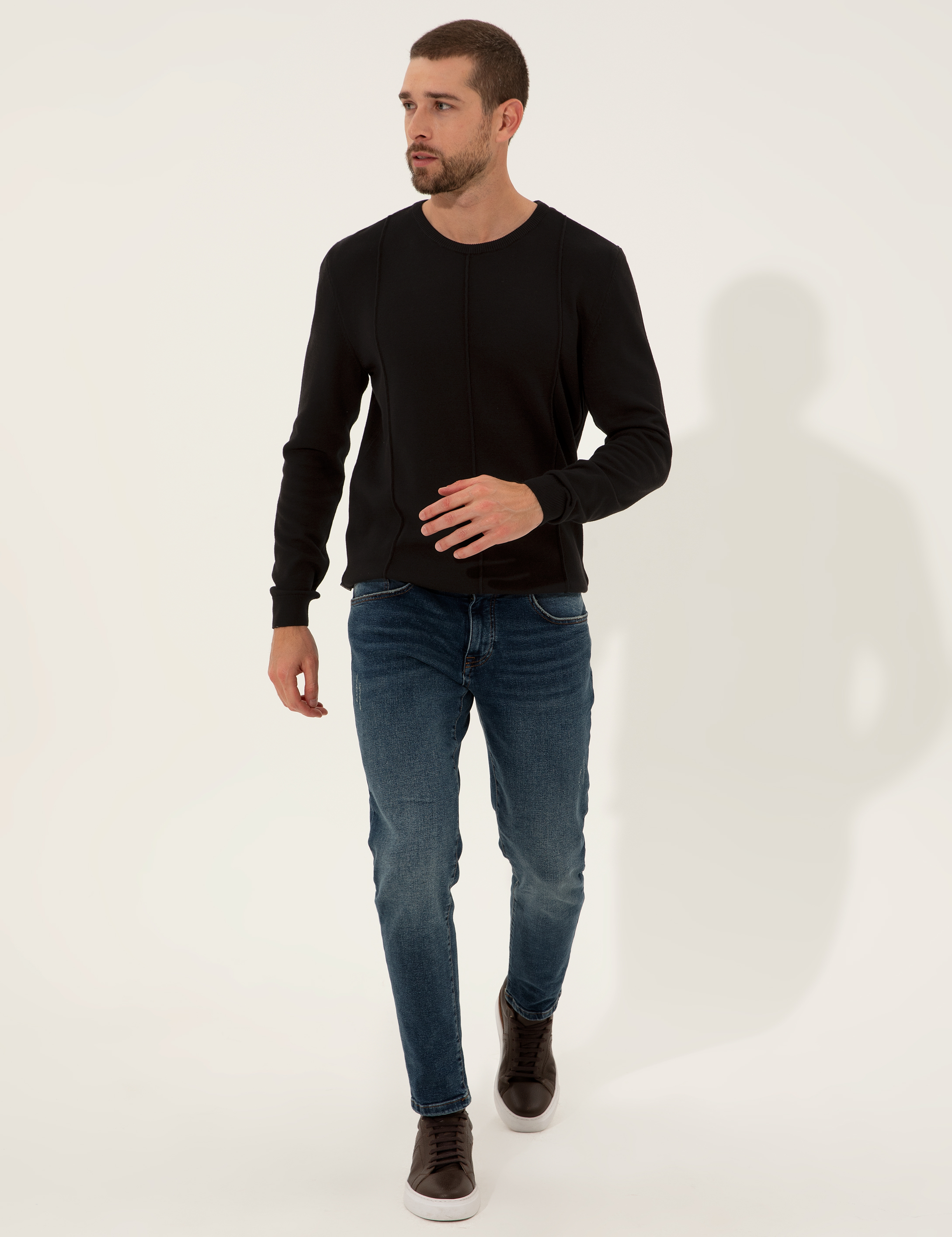 Siyah Slim Fit Bisiklet Yaka Triko Kazak