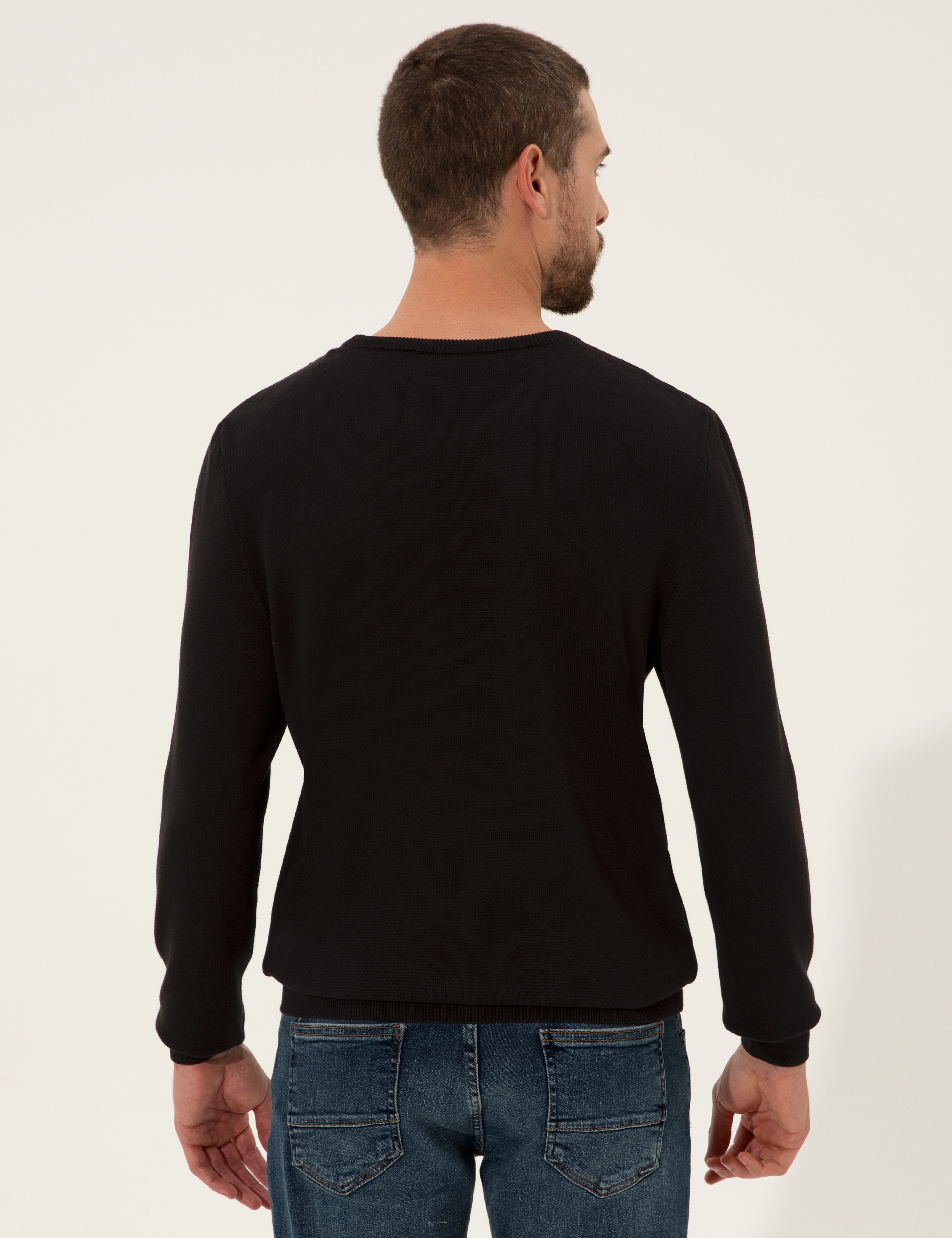 Siyah Slim Fit Bisiklet Yaka Triko Kazak - Image 5