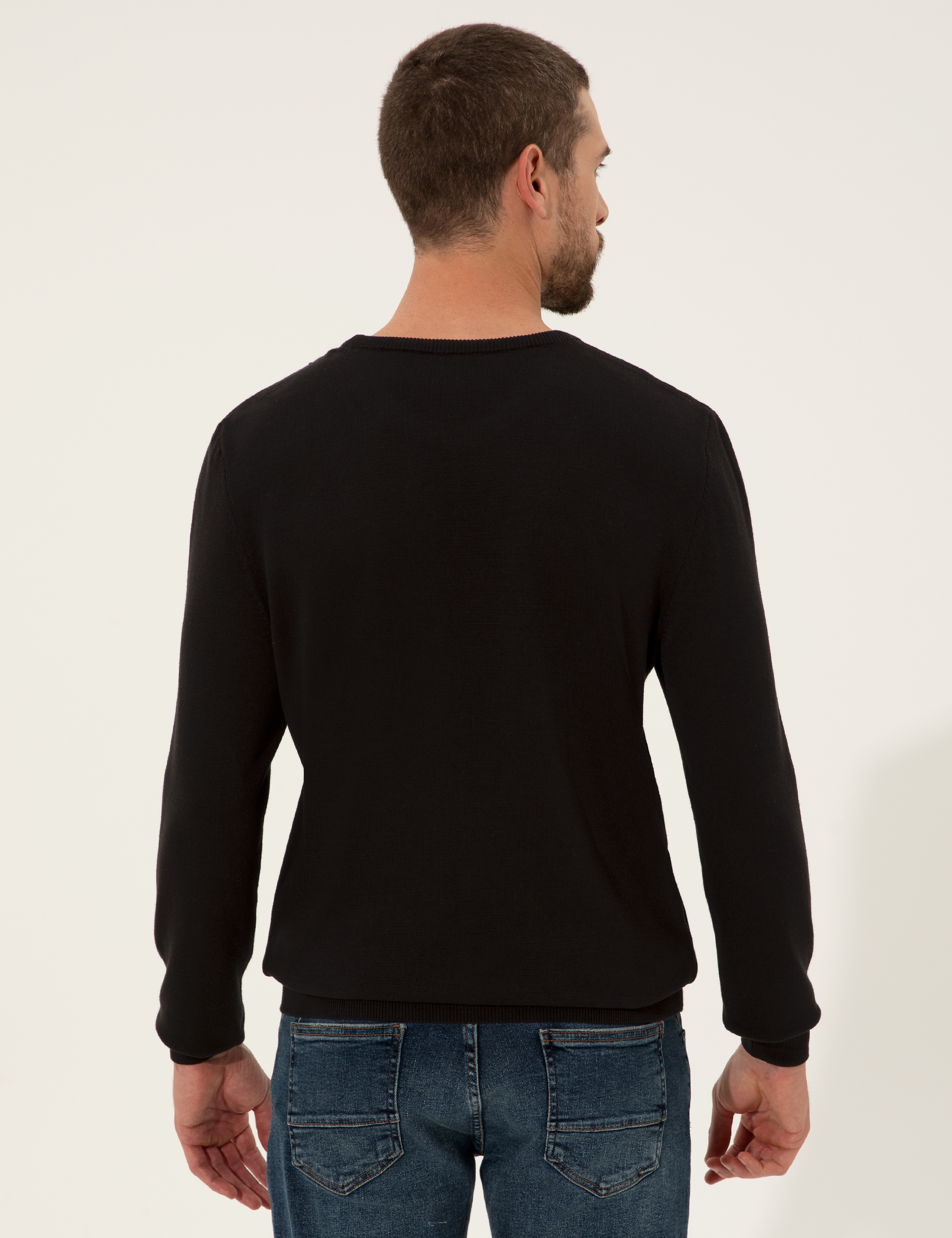 Siyah Slim Fit Bisiklet Yaka Triko Kazak