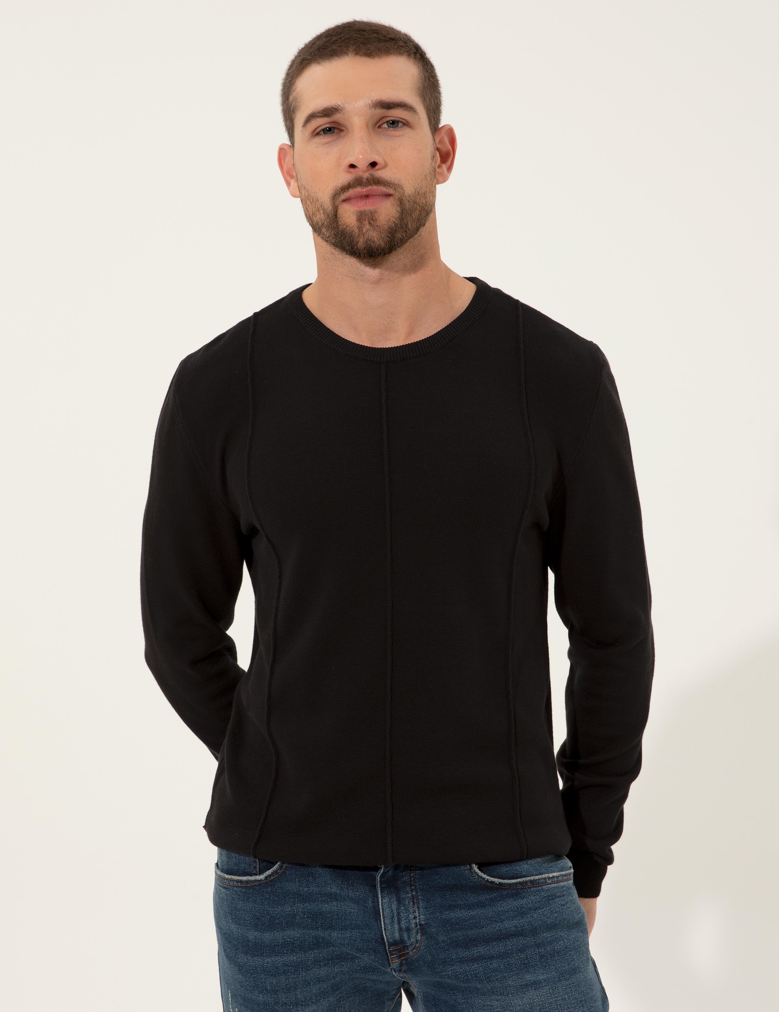 Siyah Slim Fit Bisiklet Yaka Triko Kazak