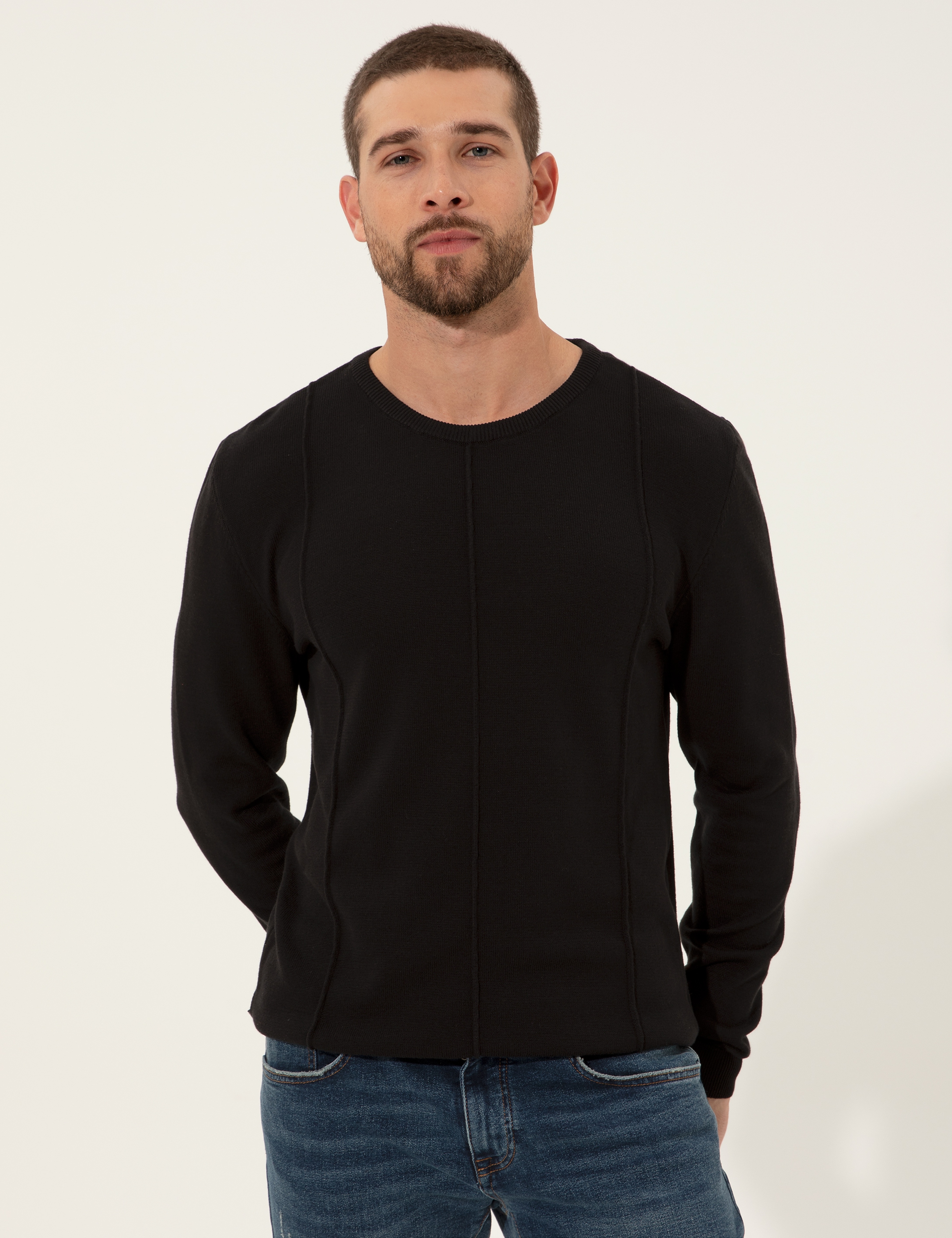 Siyah Slim Fit Bisiklet Yaka Triko Kazak - Image 3